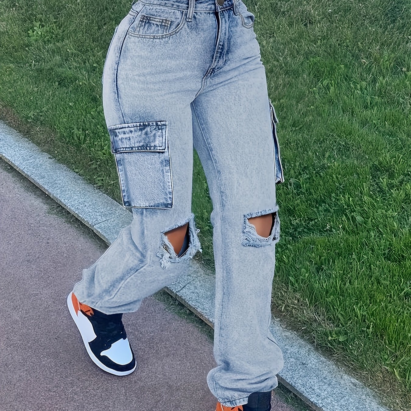 TEMU Women's Cut And Pocket Wide Leg Jeans, Style Low Waist Loose Boyfriend Jeans, Casual Loose Jeans