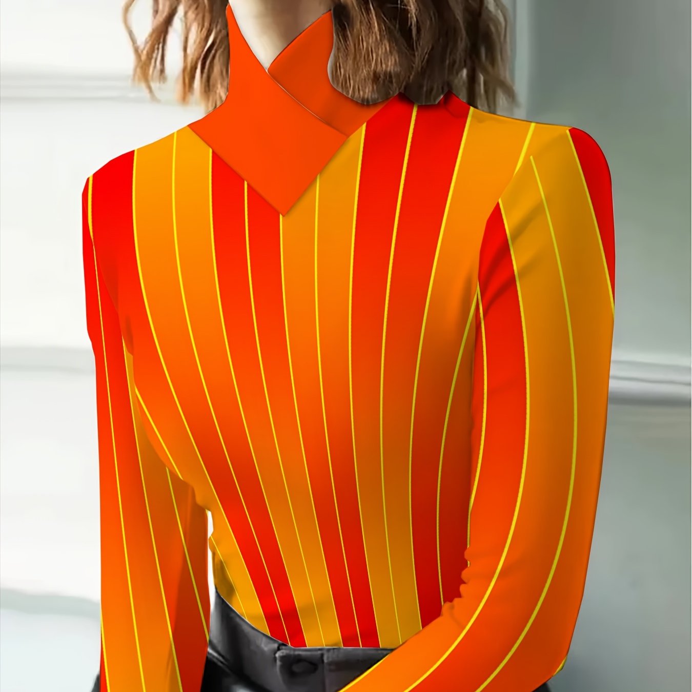 TEMU Women's Cross-front High Neck Long Sleeve Top, Gradient Pinstripe Easy Casual Fitted Base T-shirt