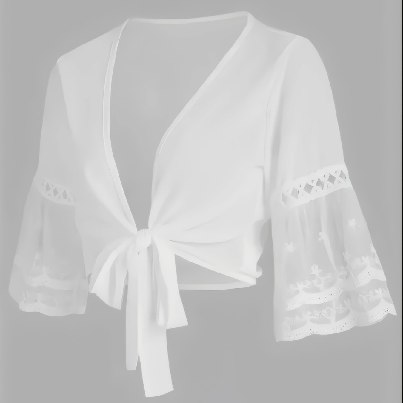 E-shop Weißes Chiffon Spitzen Patchwork Kurzjacke, Binden V-Ausschnitt Schlagärmel Oberbekleidung Cover-Up, Sommer Schal Top