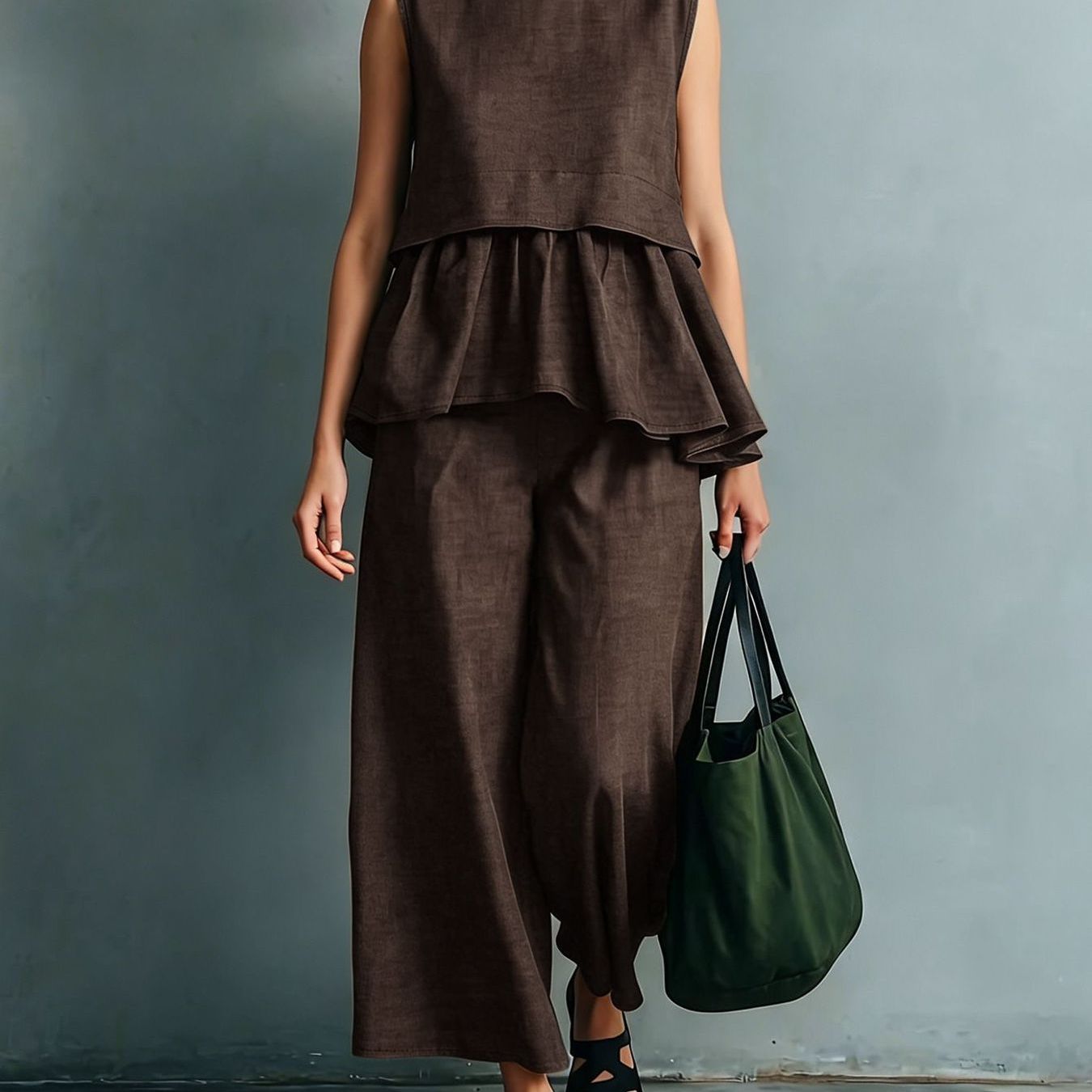 TEMU Japanese- Collar Sleeveless Ruffle Hem Set, Loose Wide-leg Ankle Pants, Commuter Casual 2pcs Set