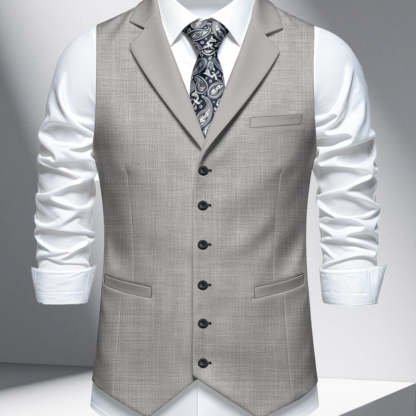 TEMU Plus Size Men's Lapel Vest, Single Piece, Fashionable Casual Wedding Party Men's Waistcoat Top, Men's Lapel Vest, Single Gray-white Striped