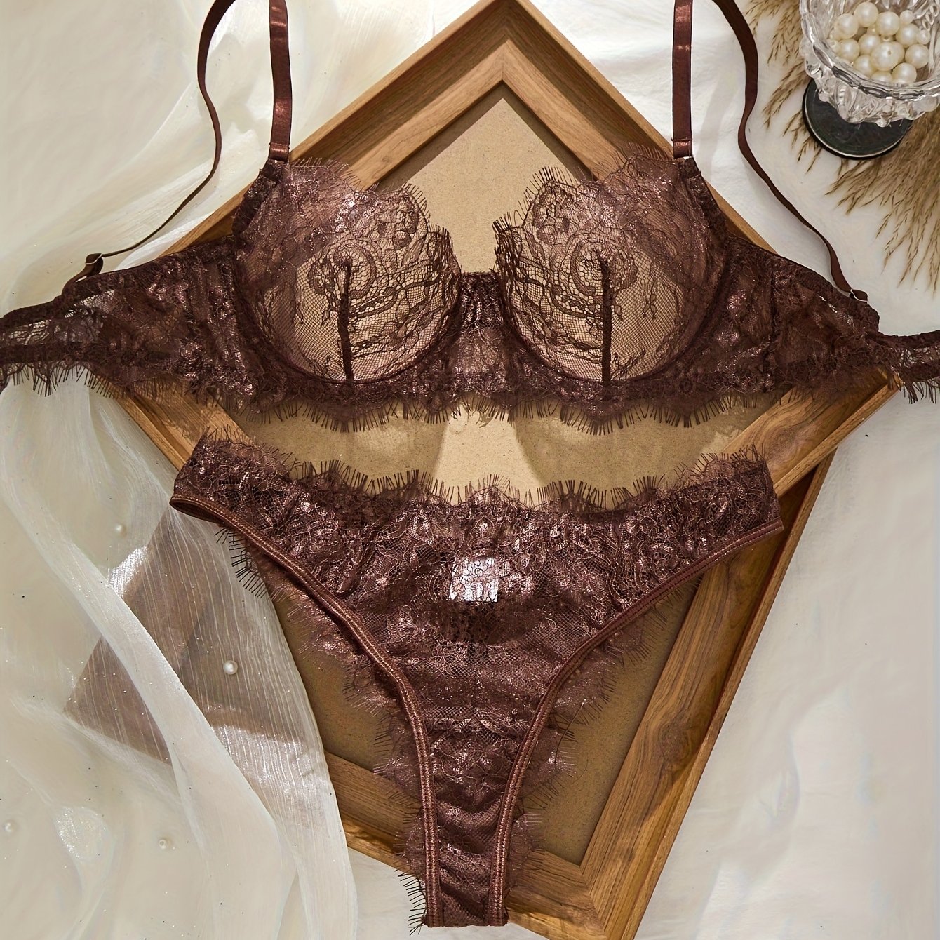 TEMU 's Day Gift, Sexy Lace Light Luxury High-end Bra Set, Ultra-thin , French Romantic Fitted Couple's Gift, Valentine's Day Present, Seamless Soft