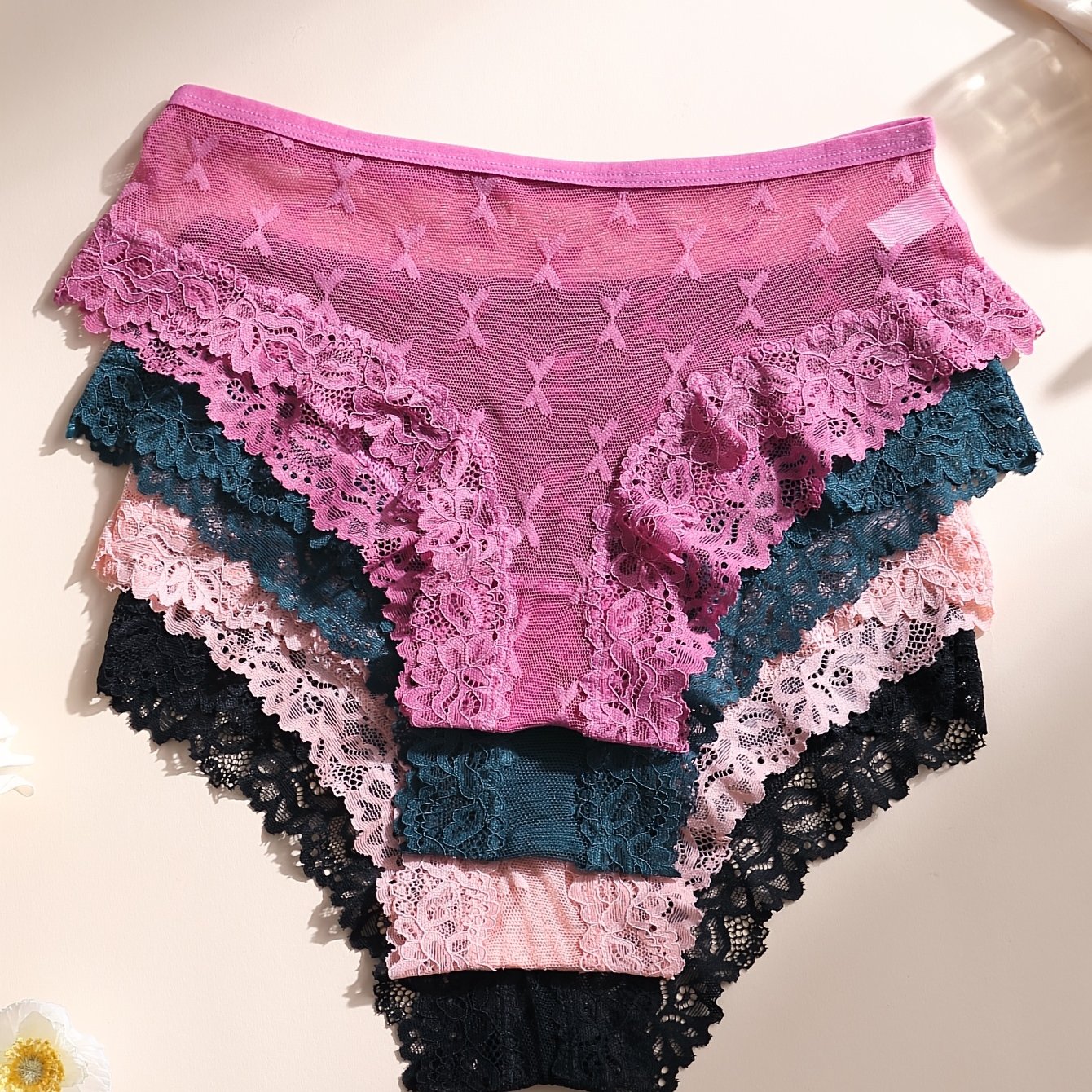 TEMU 4pcs Seamless Panties Sheer Lace Briefs Ultra Thin Breathable Underwear Solid Color Hollow Women's Sexy Underpants Lingerie