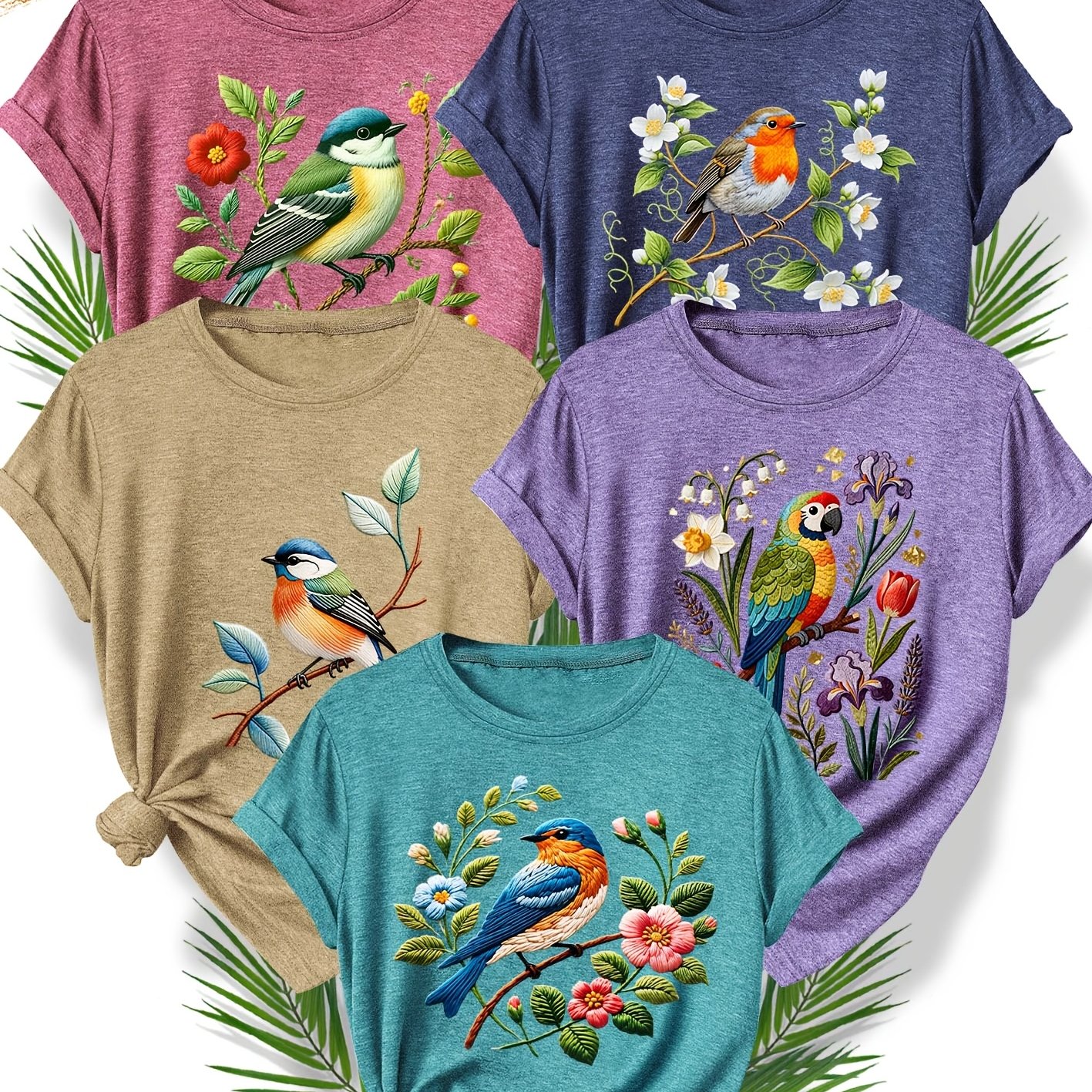 TEMU 2026 New Style Women's 5pcs Short Sleeve T-shirts, Parrot, Tit, Robin, And Floral Bird Combination Print, Elegant And Versatile Casual Sporty