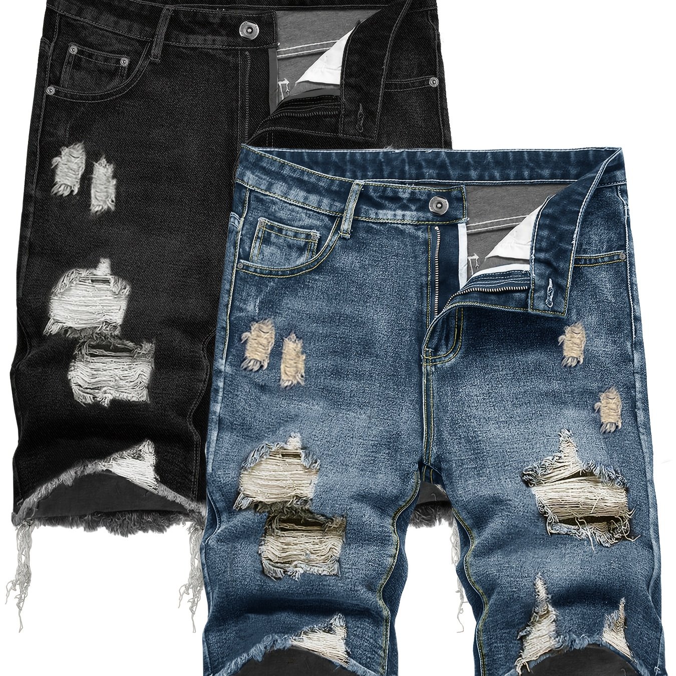 TEMU 2pcs Men's Denim Shorts, Trendy Ripped Jeans, Non-stretch Loose Fit Casual Denim Shorts, Summer , Vintage