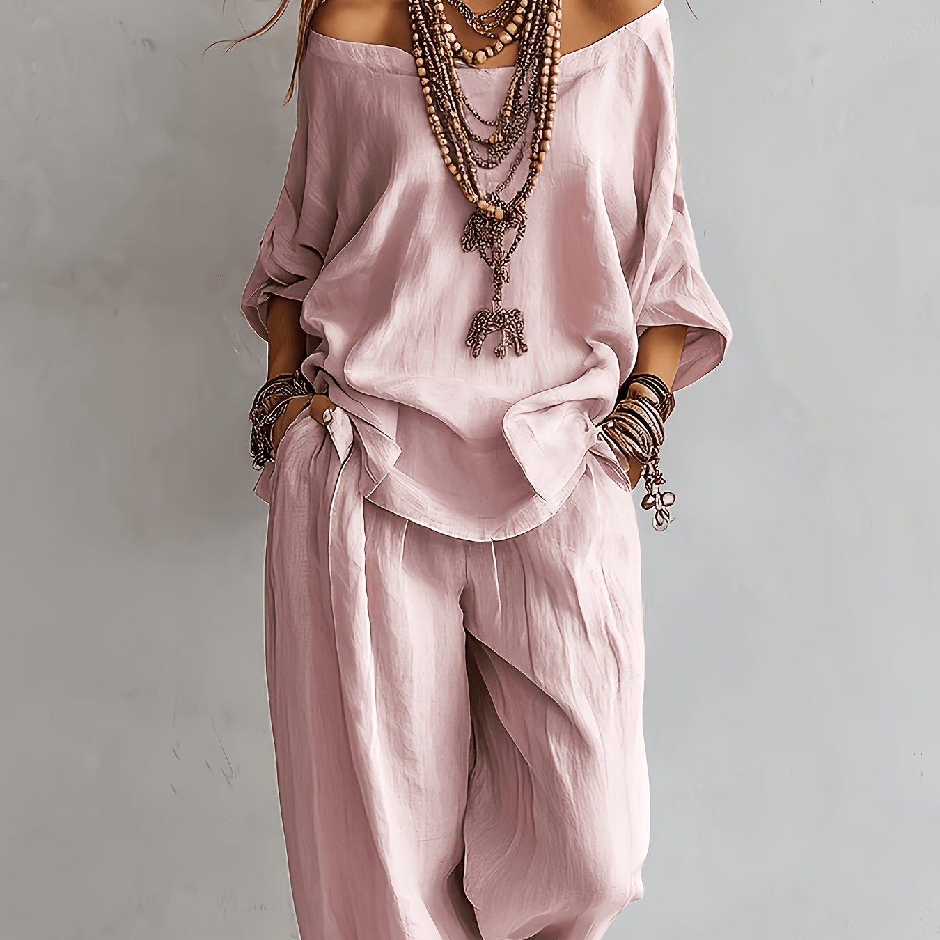 TEMU Plus Size, New Summer Casual Off-the-shoulder Top And Wide-leg Pants Plus Size 2pcs Set For Women