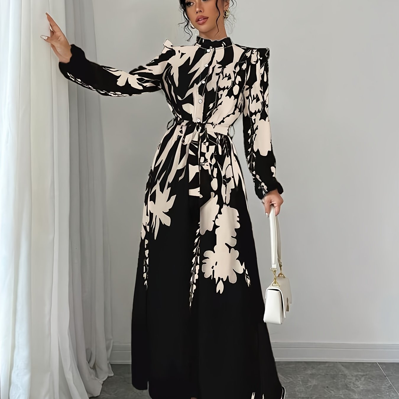 TEMU Development European And American Spring And Autumn Elegant Shirt Small Collar Button Belt Waist Lotus Leaf Lantern Long Sleeve Flower Print