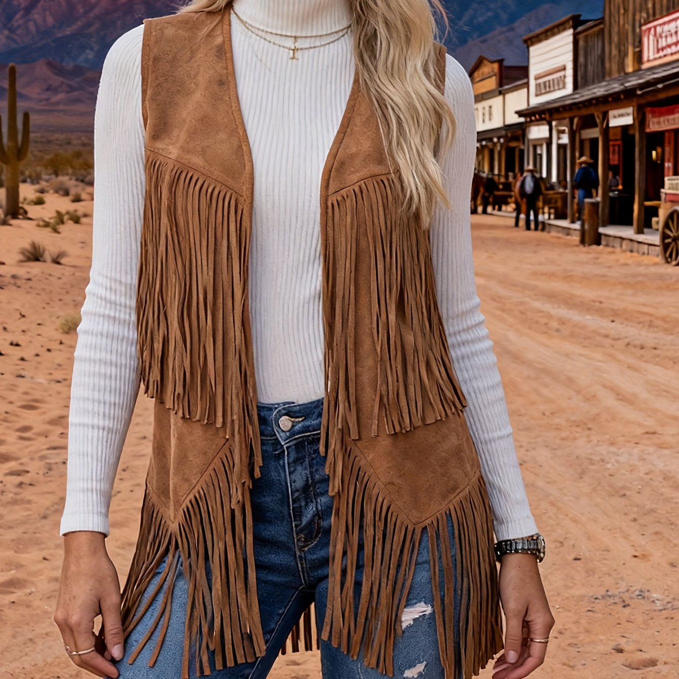 E-shop Damen Vintage Western Wildleder Samt Ärmellose Offene Front Cardigan Jacke