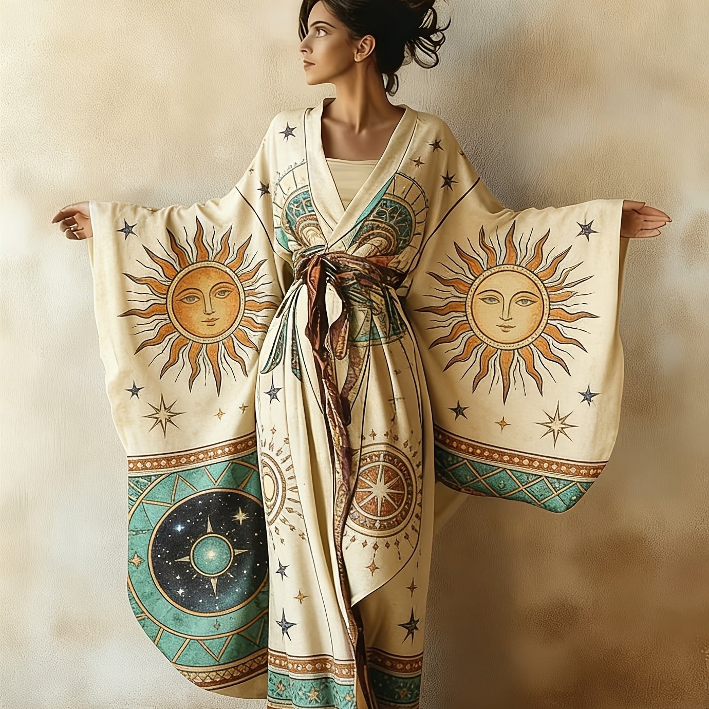 Image of Elegant Women's Kimono-style Long Bathrobe, Bohemian Print, Wide-sleeve Design, And With A Wide Belt. Machine Washable, Perfect For Casual Wear, Beach Vacations, Home Relaxation, And Travel