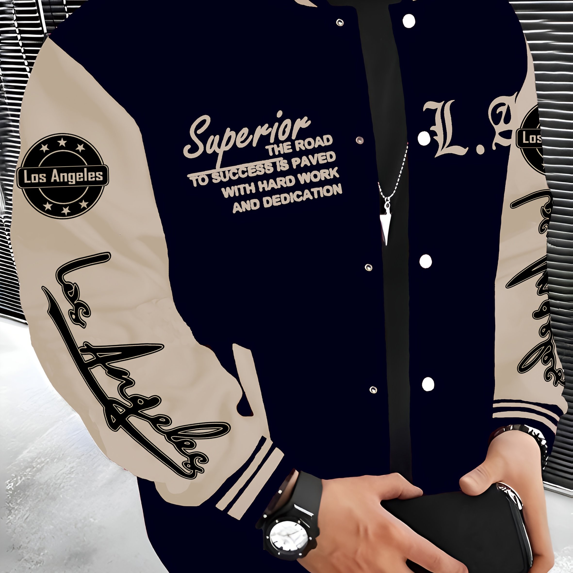 TEMU Chaqueta de forro polar para hombre, diseño de la serie Los Ángeles con estampado de béisbol y detalles bordados, hip-hop, rock y preppy casual,