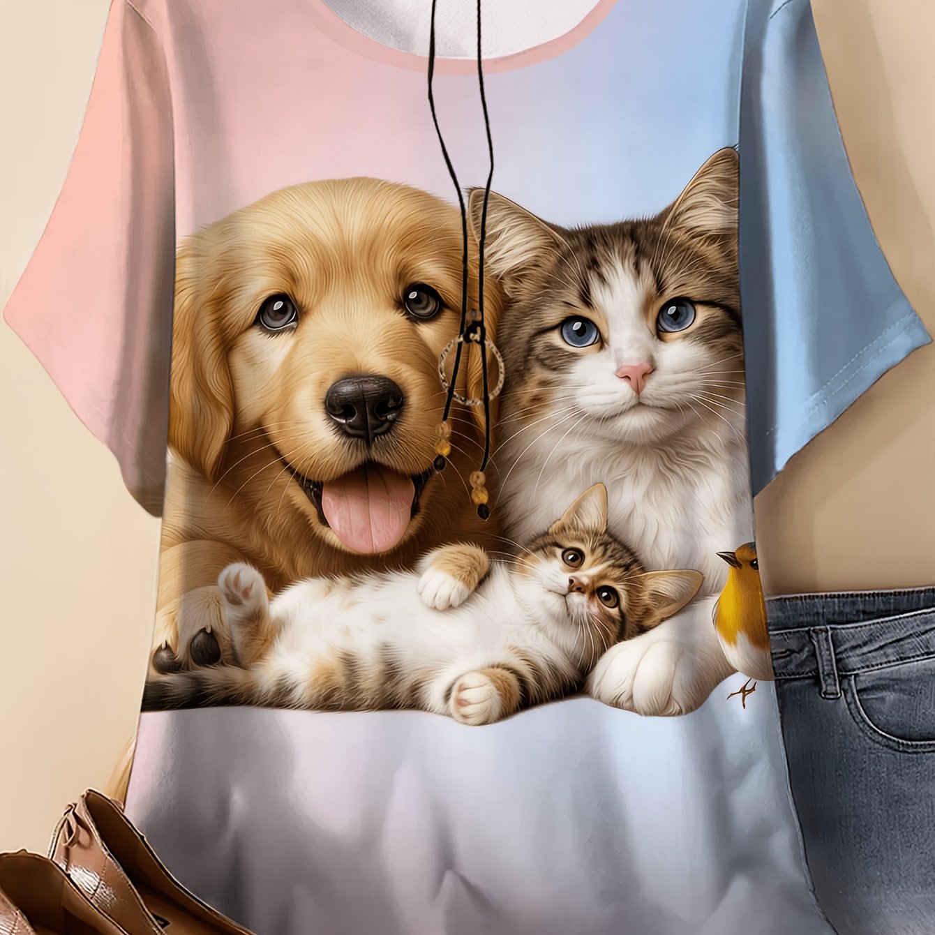 TEMU Plus Size - Plus Size - Plus Size Women's Clothing Puppy And Kitten Round Neck Short-sleeved Top Loose Popular Art Design, Casual Top | Printed