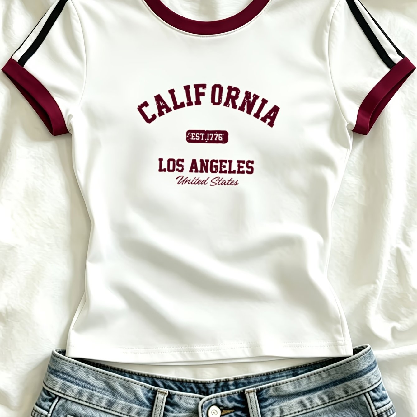 TEMU Retro Style City Distressed Color-block Top With Letter Print, Women's Round Neck T-shirt Short Sleeve, - Market Photo Outfit, Spring Summer New