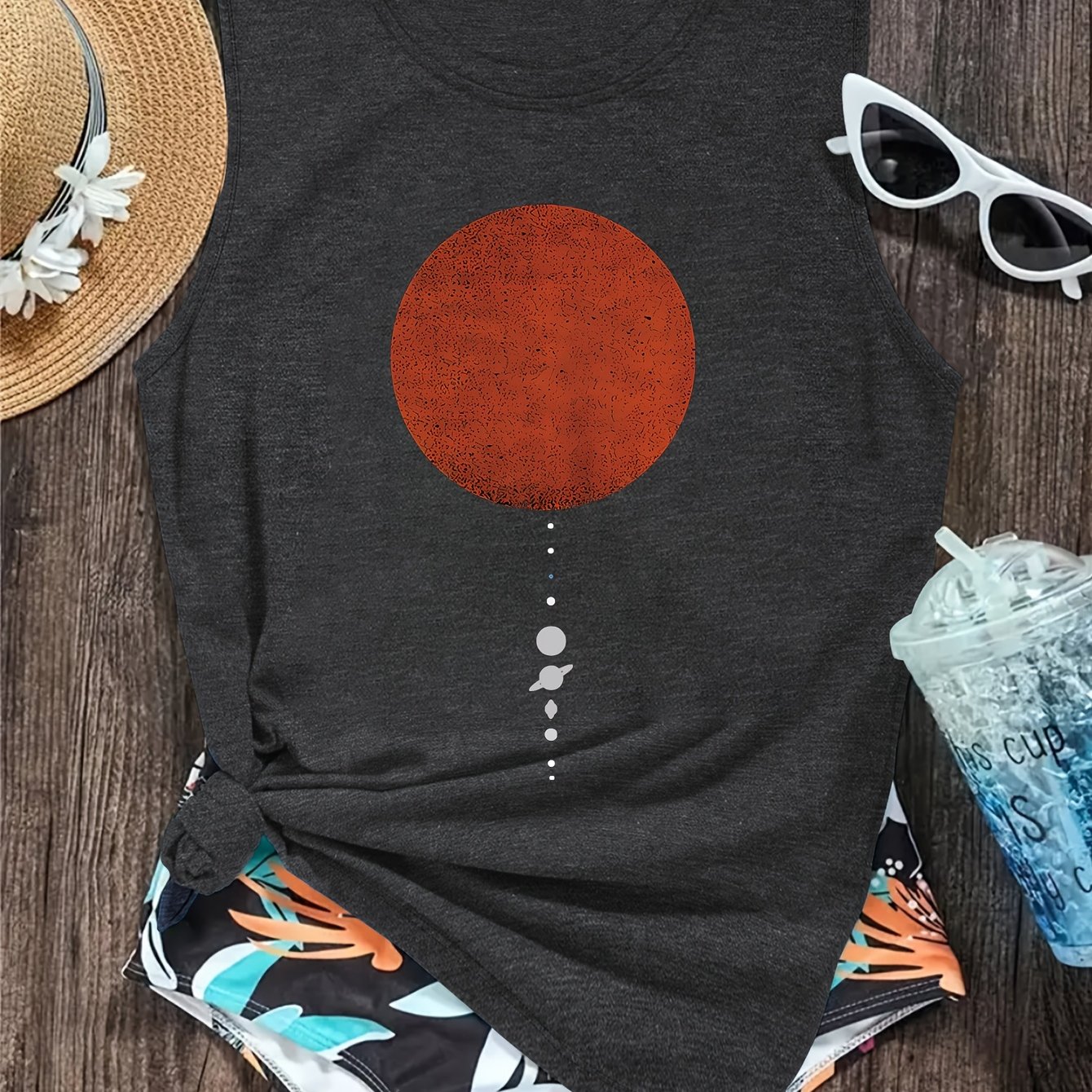 TEMU 2026 Women's Designer Red Sun Print Vest Summer Casual Top