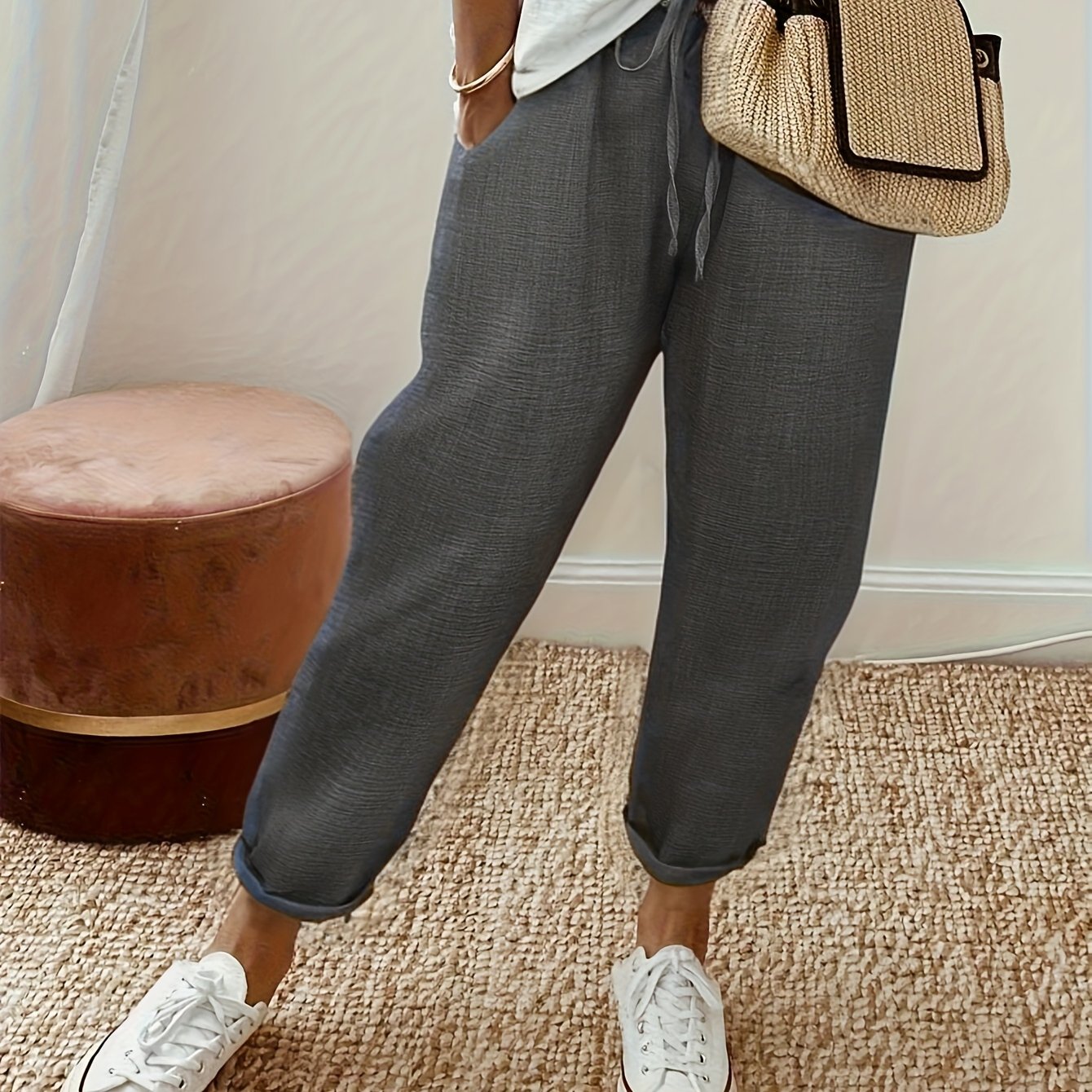 TEMU New Elastic Waist Drawstring Decoration Women's 9-point Long Pants