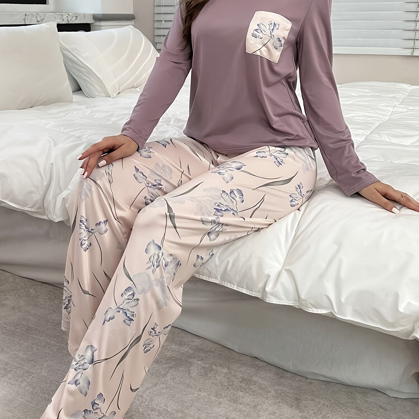 TEMU 2pcs Floral Print Pocket Long Sleeve Top And Trousers Set