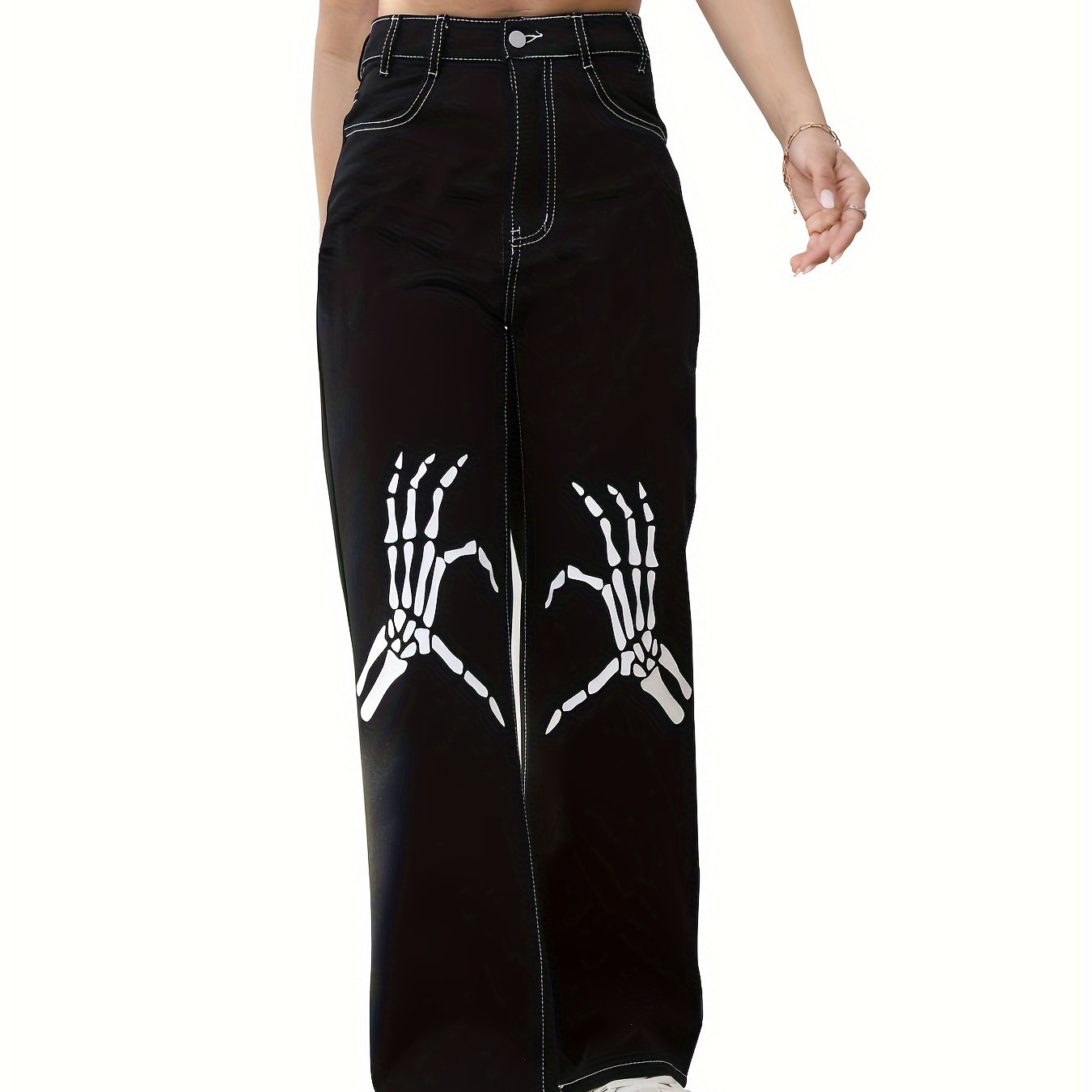 Black Skeleton Hands Print Loose Denim Pants - ShopperBoard