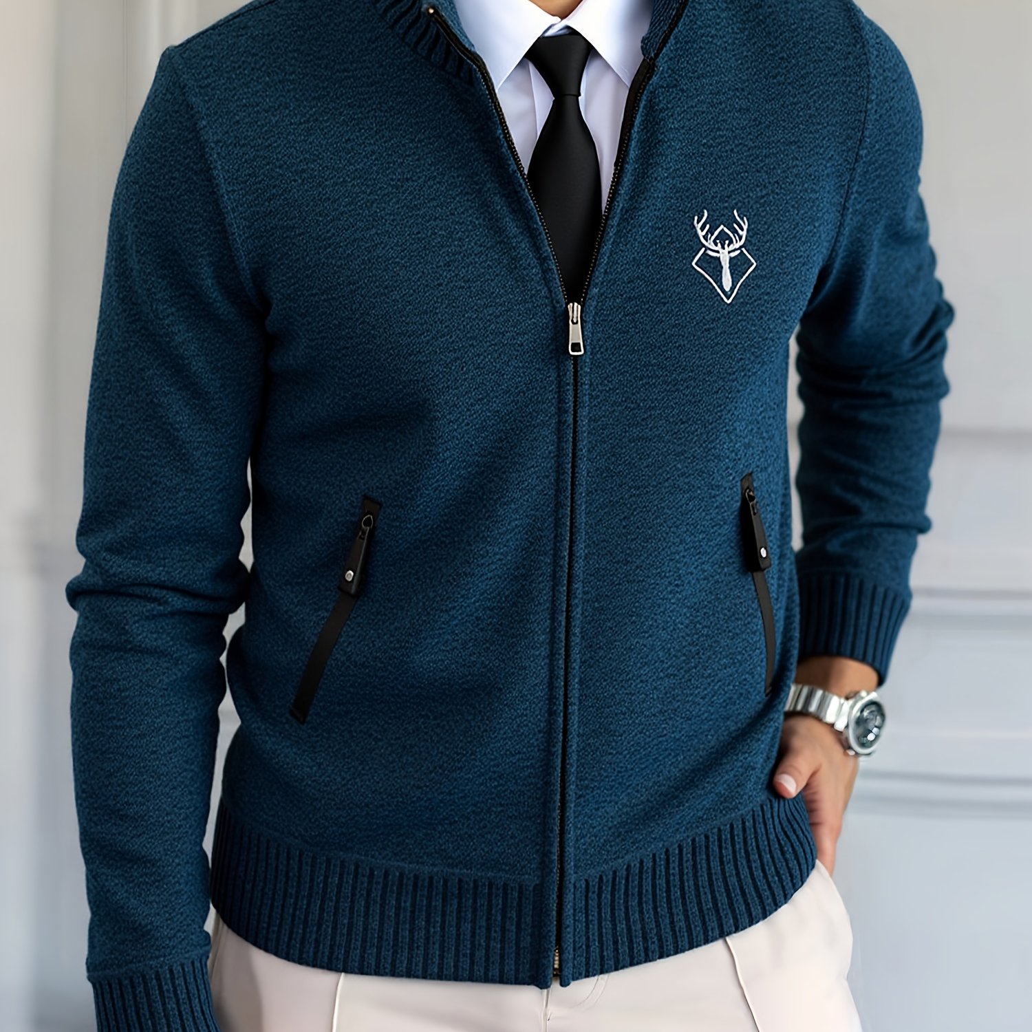 TEMU Men's Casual Single-needle Sweater Jacket, Navy/black/beige/dark Gray, , Zipper Stand Collar Design, Lightweight For , Formal And Casual Wear,