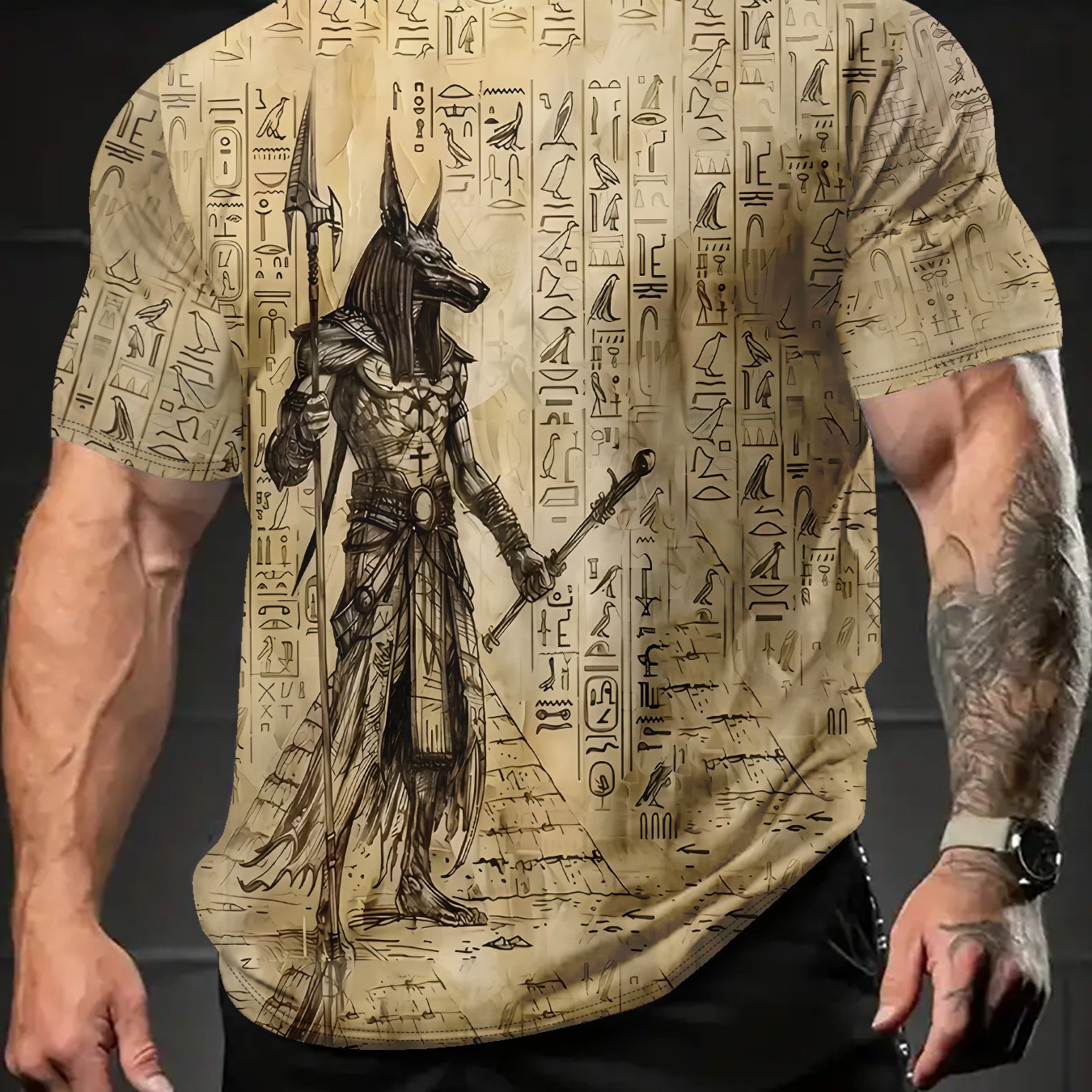 TEMU Printed Design – Not Textured Summer Men's , Ancient Egyptian God ! Trendy Short-sleeve T-shirt, Casual, Comfortable, And Versatile Men's Crew