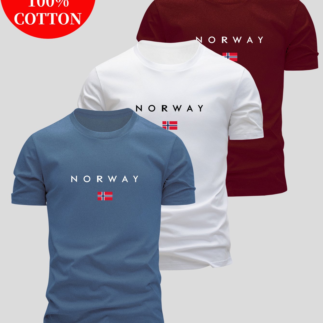 Image of 3-pc 100% T-shirt, Summer Casual Top, Round Neck, Men's Fitted T-shirt, - Breathable And Sweat-absorbent, With "norway" Pattern, Sweat-resistant