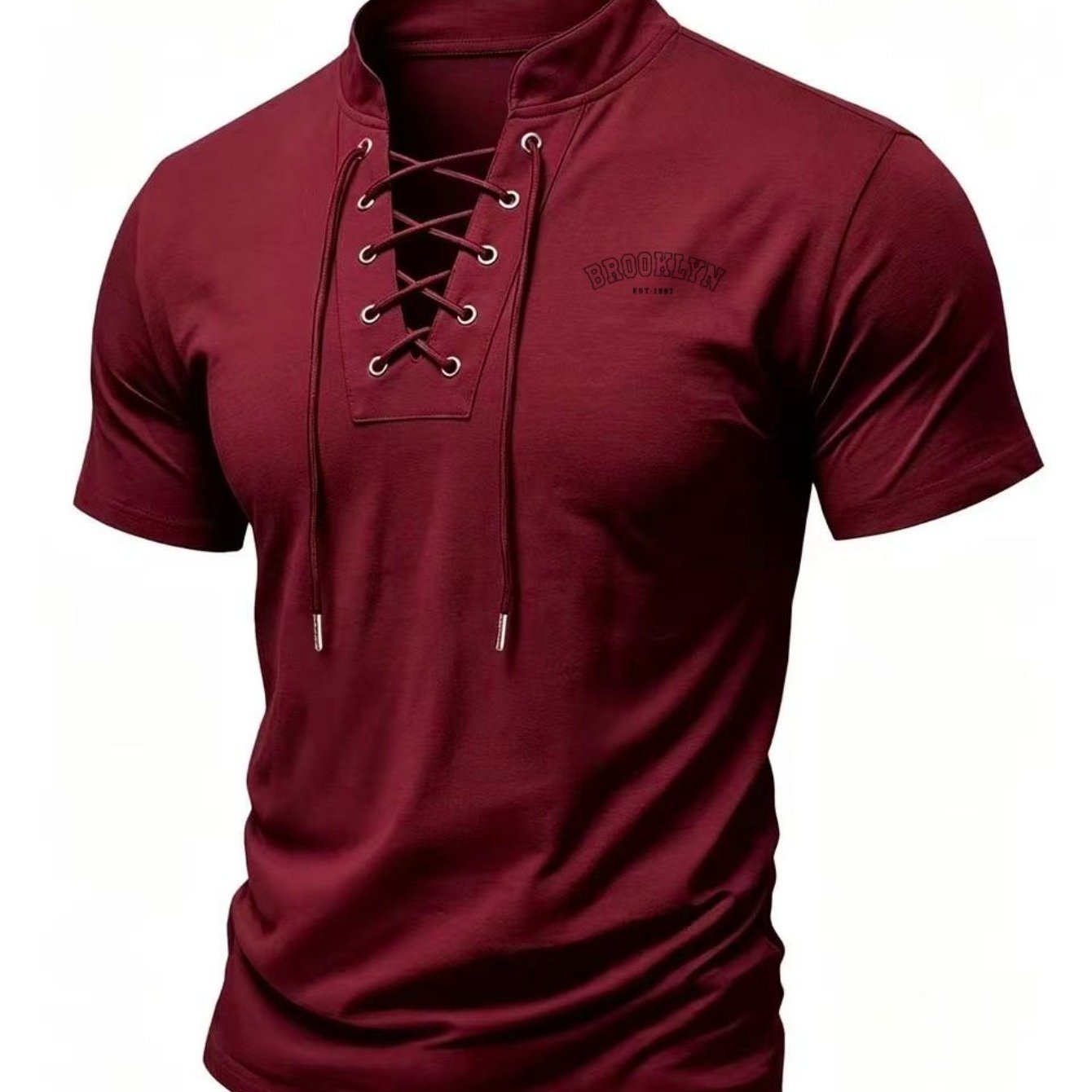 TEMU Niche Streetwear-style Men's Lace-up Henley Neck T-shirt, Featuring Artistic Prints That . The Stretchy, Breathable Fabric Farewell Heat, While