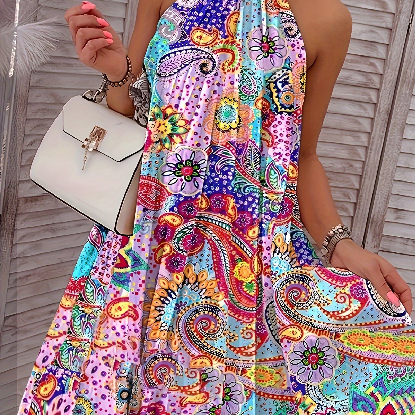 Daerling Style 2024 Western Summer New Geometric Pattern Print Halter Neck Sleeveless Ruched Off-shoulder Dress