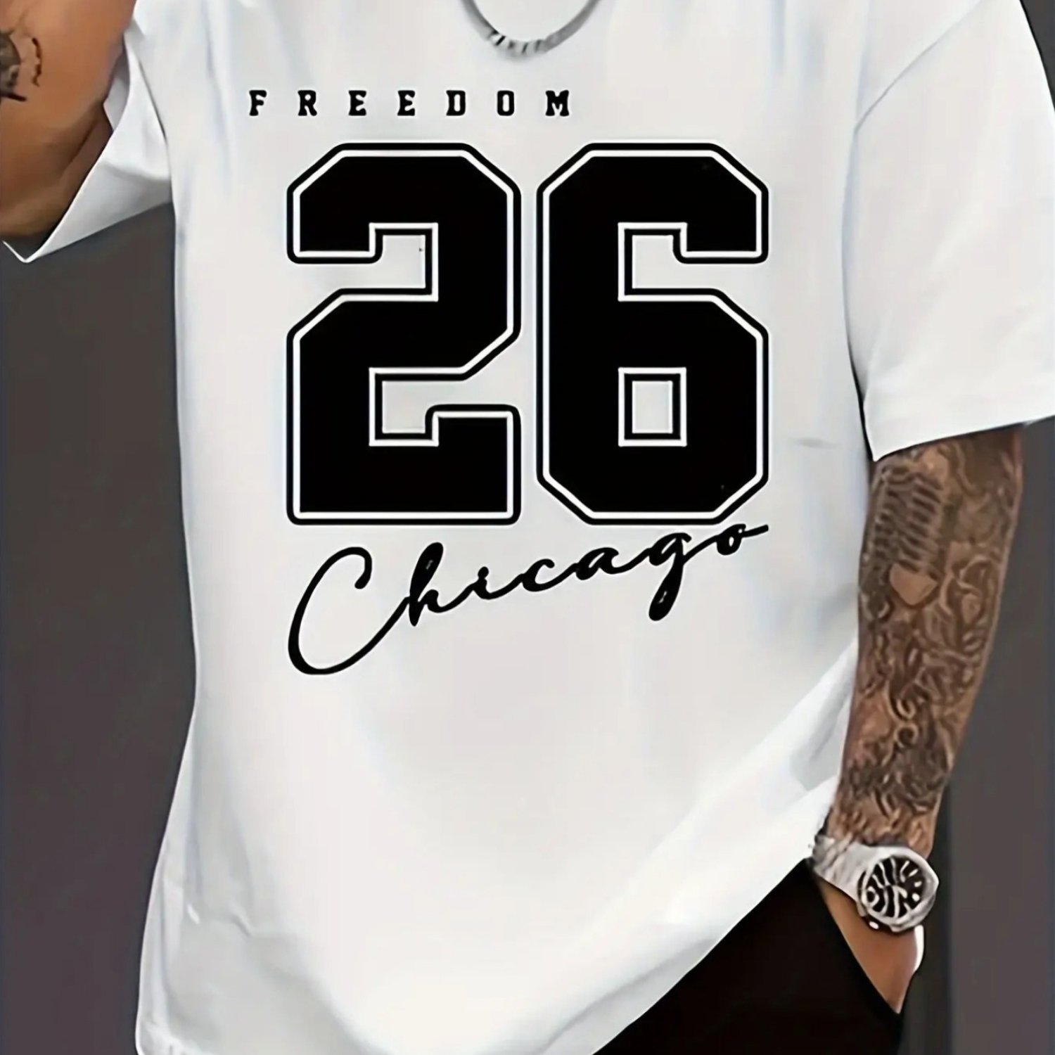 Image of Men's Chicago Graphic T-shirt | Chicago Print, Soft Crew Neck Non-stretch, Whiteblack, Long Sleeve, Fit Casual Apparel For Everyday & Special Occasions