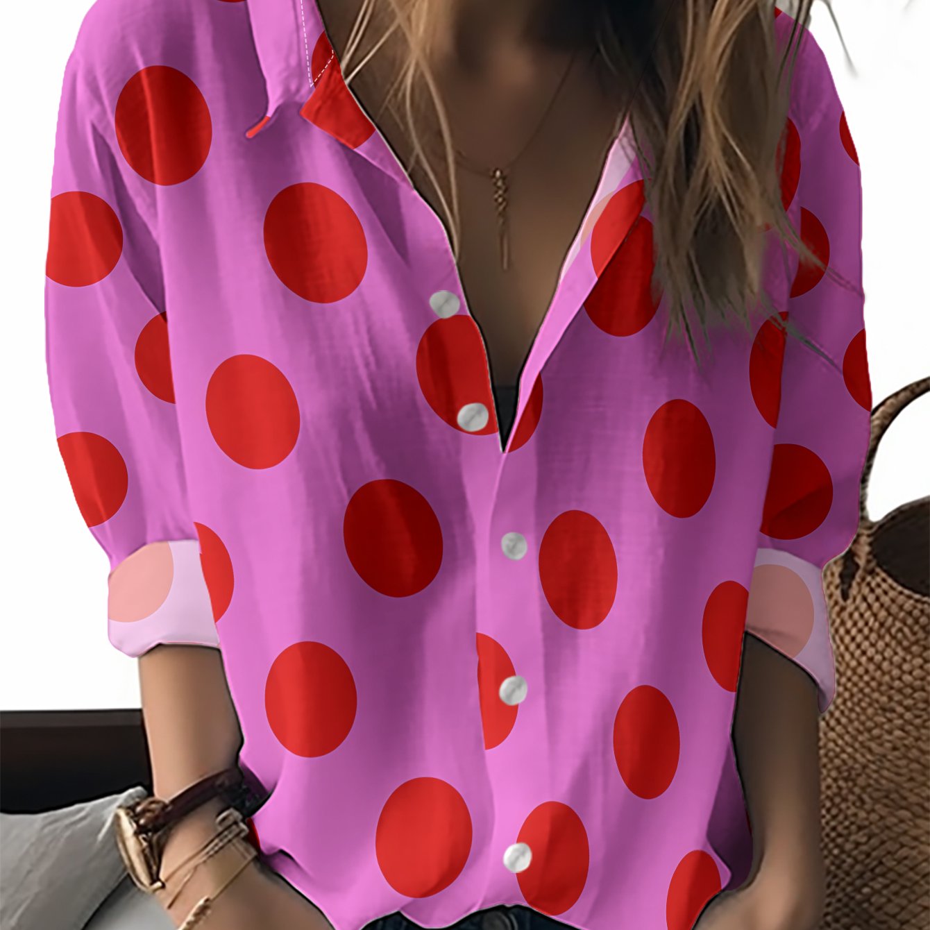 TEMU 2025 New Women's Long-sleeve Shirt In Polka Dot Print, Featuring A Sweet And , Perfect For Daily Commutes And Dates. A Versatile Is Fashionable