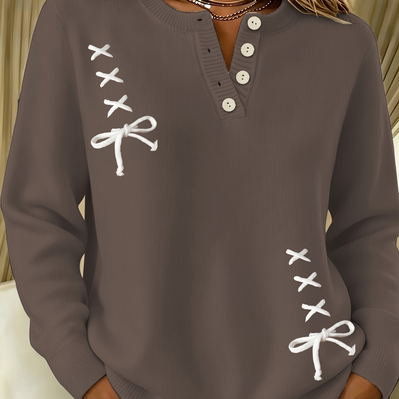 TEMU Nouveau pull tendance pour femme à demi-boutonnage, avec col rond, manches longues et un motif imprimé. Un pull élégant, , attrayant, et