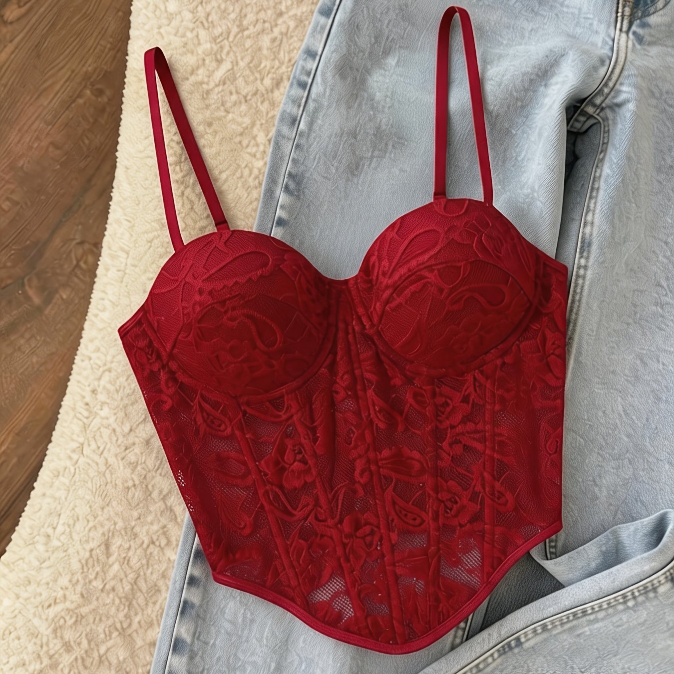 TEMU Women's /summer Short Bodycon Tank Top, Hot Outfit, Sexy Red Floral Lace Boned Camisole Slim Fit Tank Top Suitable For Parties, Gatherings,