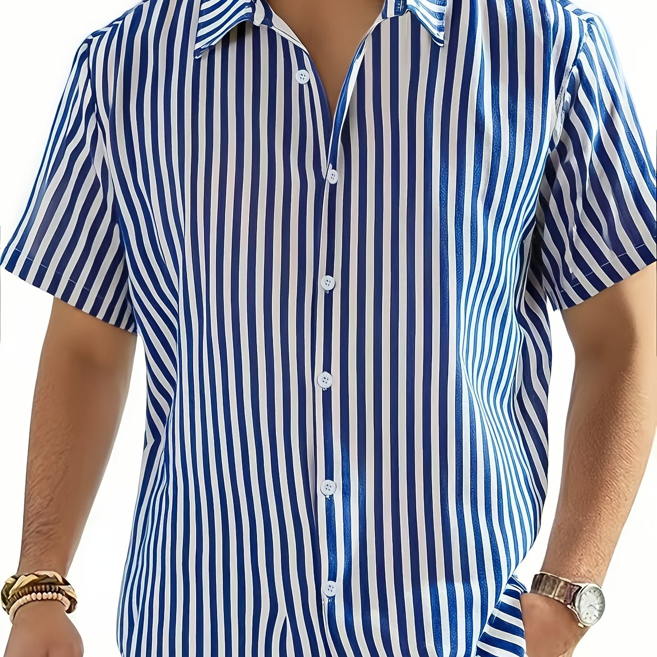 TEMU Summer Men's Casual Short-sleeved Striped Shirt, With A Turn- Collar, Suitable For Summer Men's Beach Vacation Casual Wear, A Gift For Men, Plus