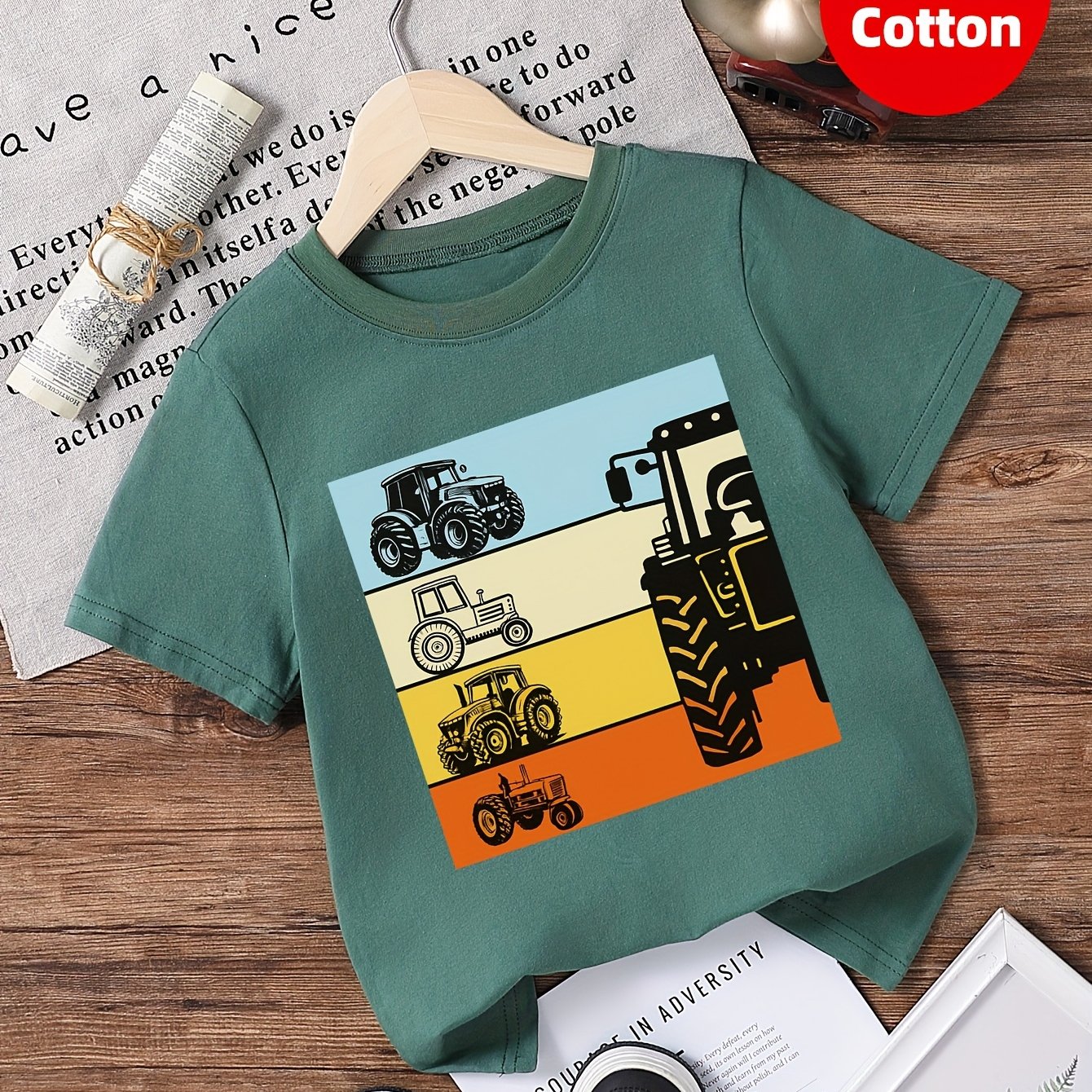 Image of Boys' Tractor Print Cotton T-shirt - Short Sleeve Round Neck Casual Summer Top With Tractor & Lettering, Suitable For Outdoor Play, Tractor-themed Outfits, Casual Attire (hand Washable)