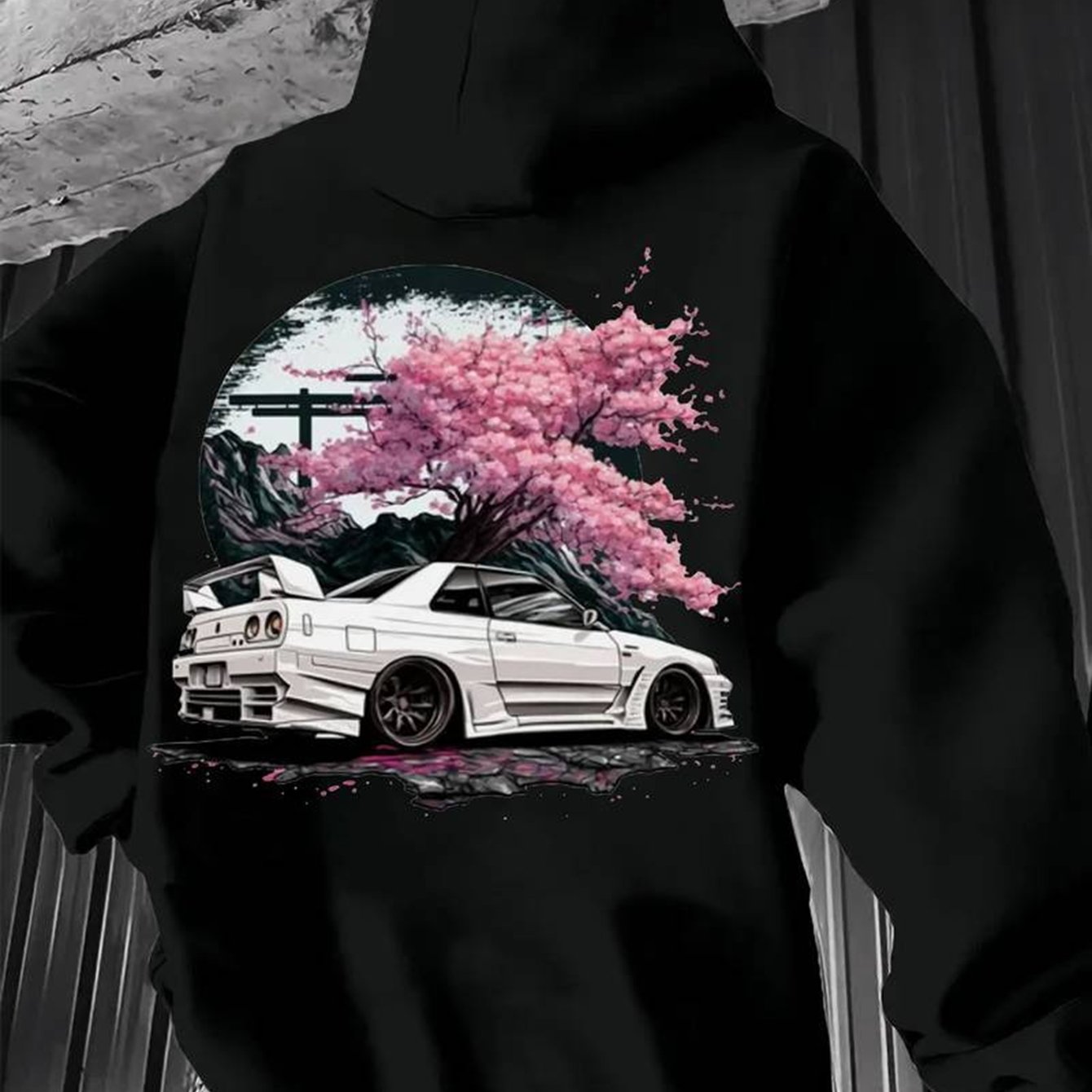 Image of Men's Japanese Jdm Car & Cherry Graphic Hoodie - Jdm Enthusiast Streetwear Sweatshirt With Heat Transfer Print, Front Pocket, Machine Washable, Regular Fit Autumn/winter Pullover For