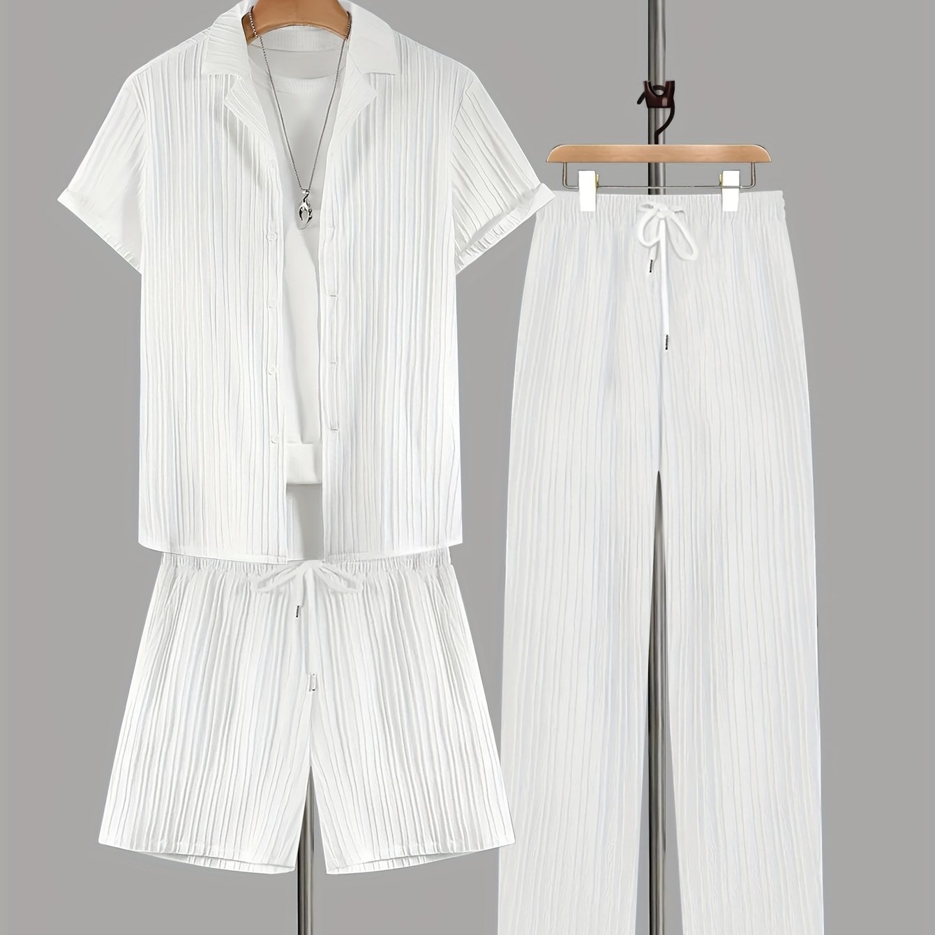 Image of Men's 3pcs Comfortable Fabric Casual Vacation Short Sleeve Shirt And Drawstring Loose Shorts And Long Pants Set