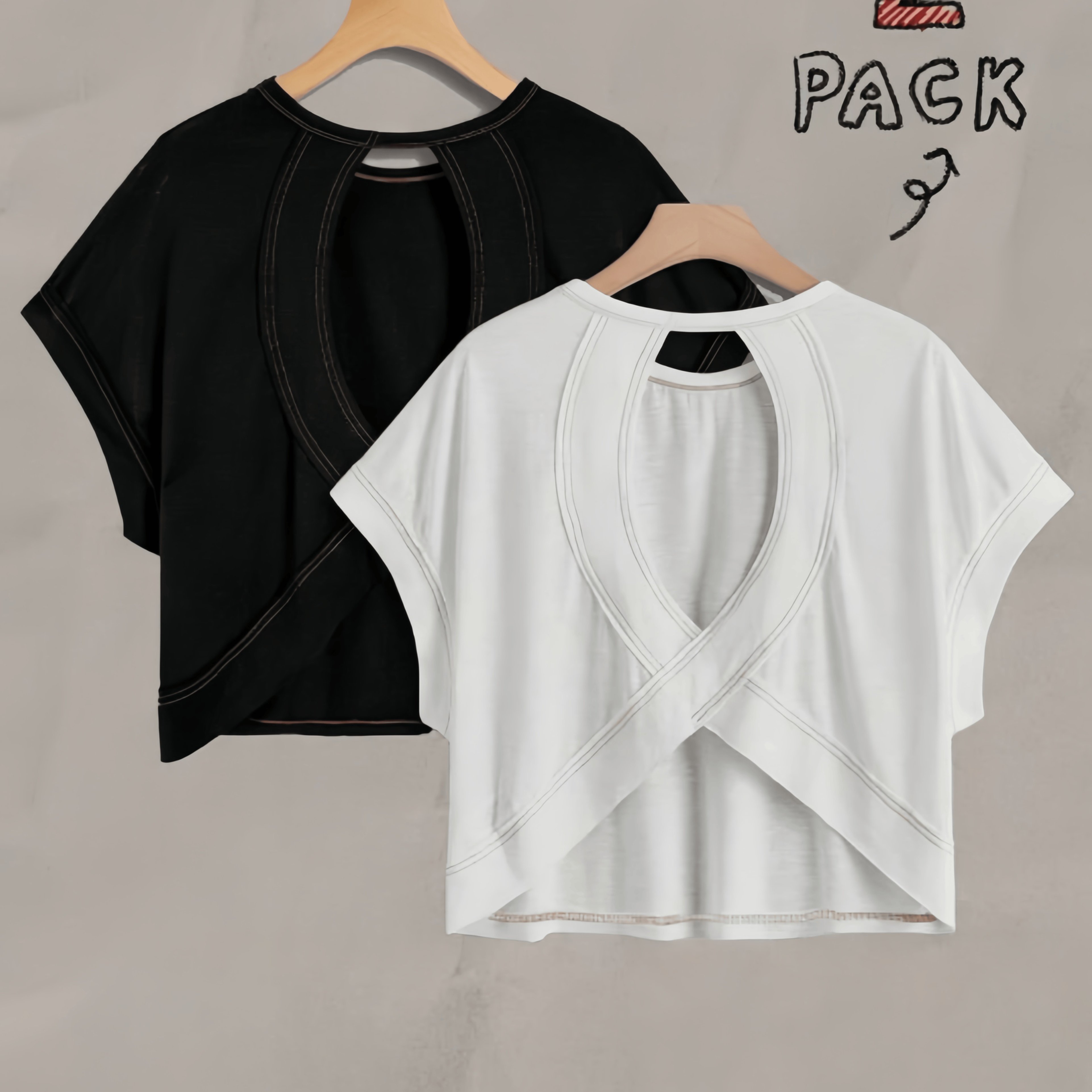 TEMU 2pcs Women's Backless Short Sleeve Top Batwing Sleeve Short Solid Color Back Hollow Out Design Daily Street/party Wear Comfortable Fabric