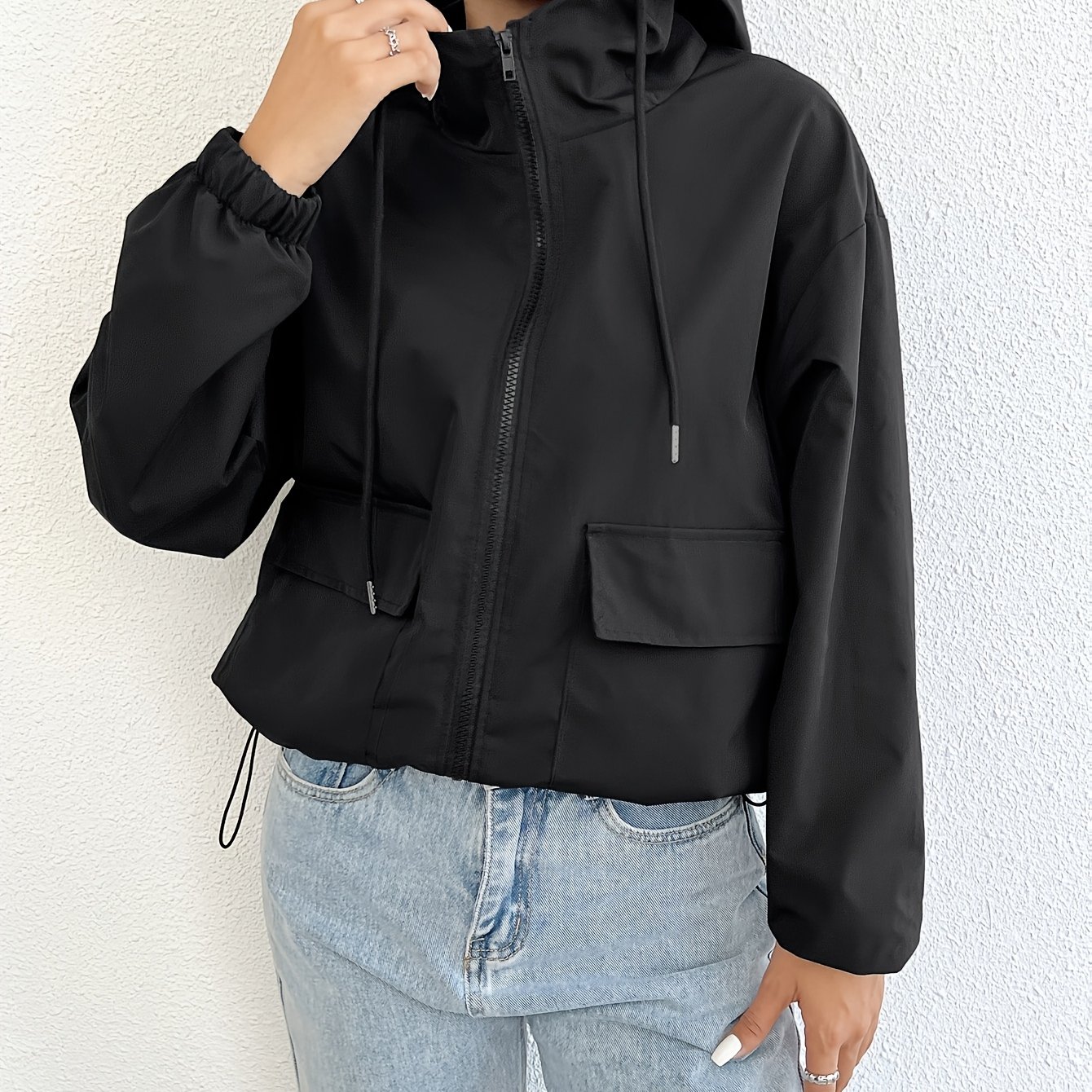 TEMU 7258 Women's Spring/autumn 2026 New Loose-fit Casual Cropped Hooded Jacket, Versatile Workwear Top For Petite Figures