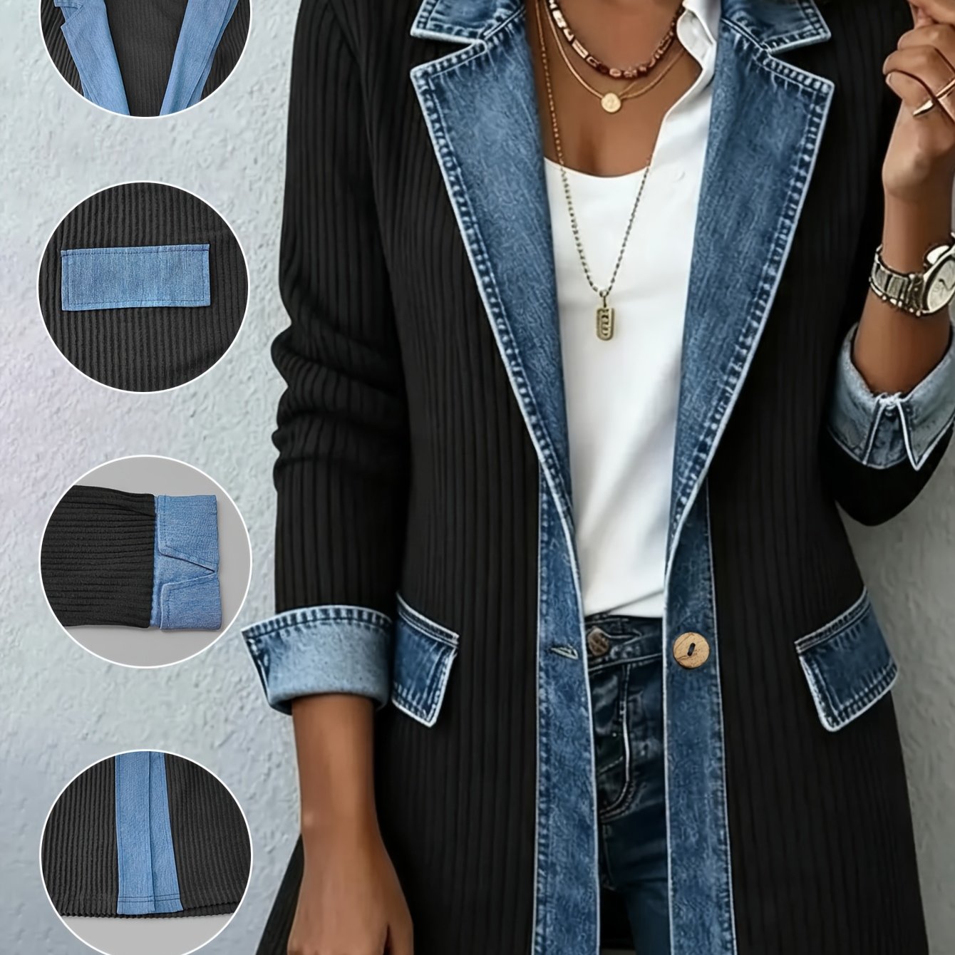 TEMU Plus Size, Spring/autumn Plus-size Women's Color-block Jacket - Single-breasted Long-sleeve Casual Top, Loose Fit Flattering Vintage Color-block