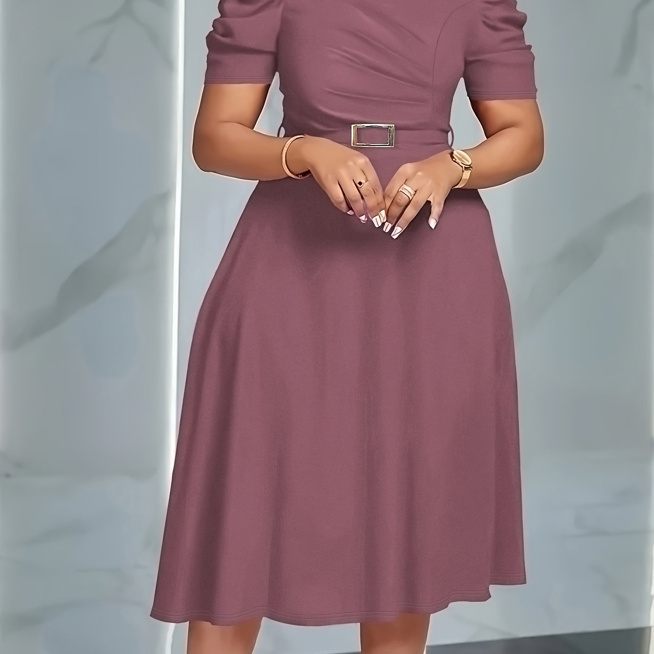TEMU Women's Elegant V-neck Ruched Midi Dress, Solid Color Short Sleeve, Waist-cinching Belt, Flowing Skirt, Perfect Spring Summer Outfit, Adult