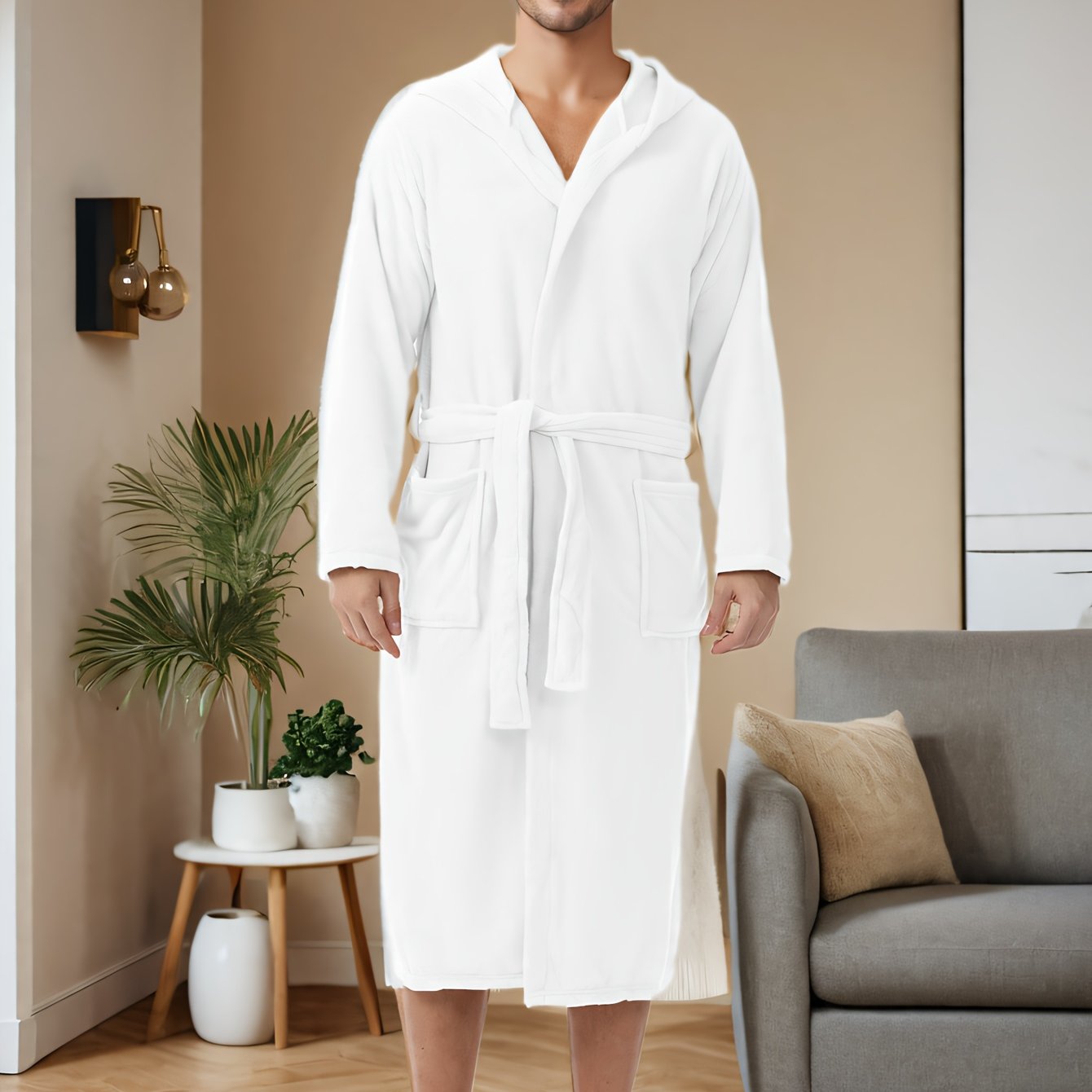 New Four-season Men's Hooded Long Robe, Plush Thickened Flannel Bathrobe, With Pockets, Quick-drying And Absorbent