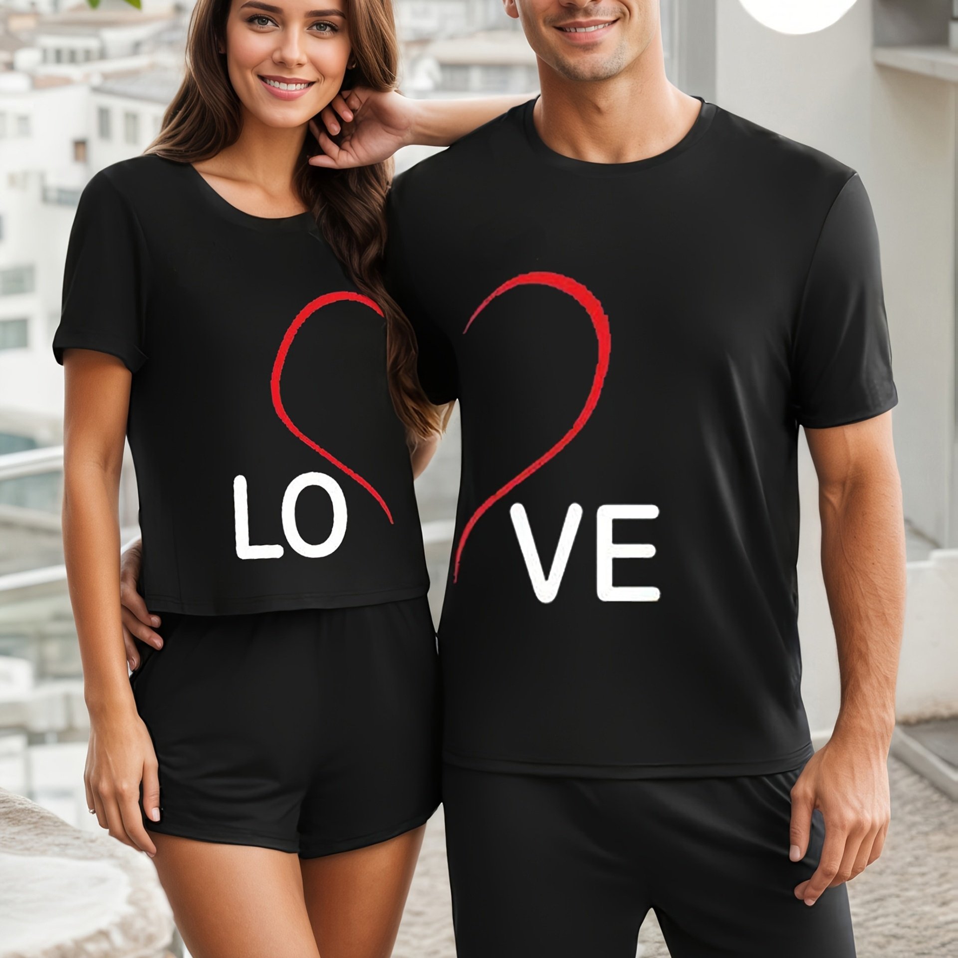 [ And 1 Bottom, Not 2 Sets] Couple Style Heart Letter Print Round Neck Short Sleeve Short Shorts, Men's Or Women's