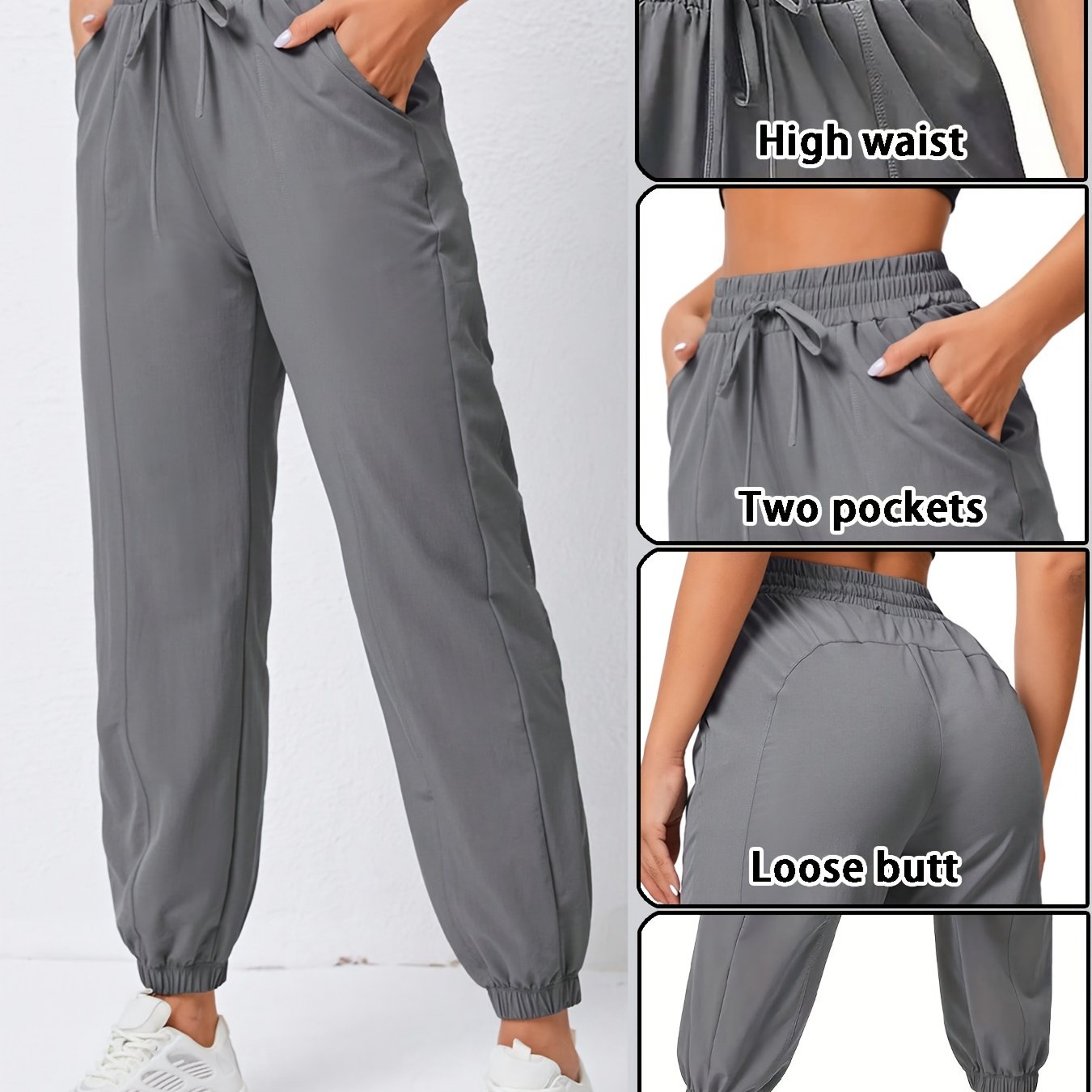 TEMU Drawstring Waist Jogger Pants, Slant Pockets Quick Drying Workout Pants, Women's Activewear