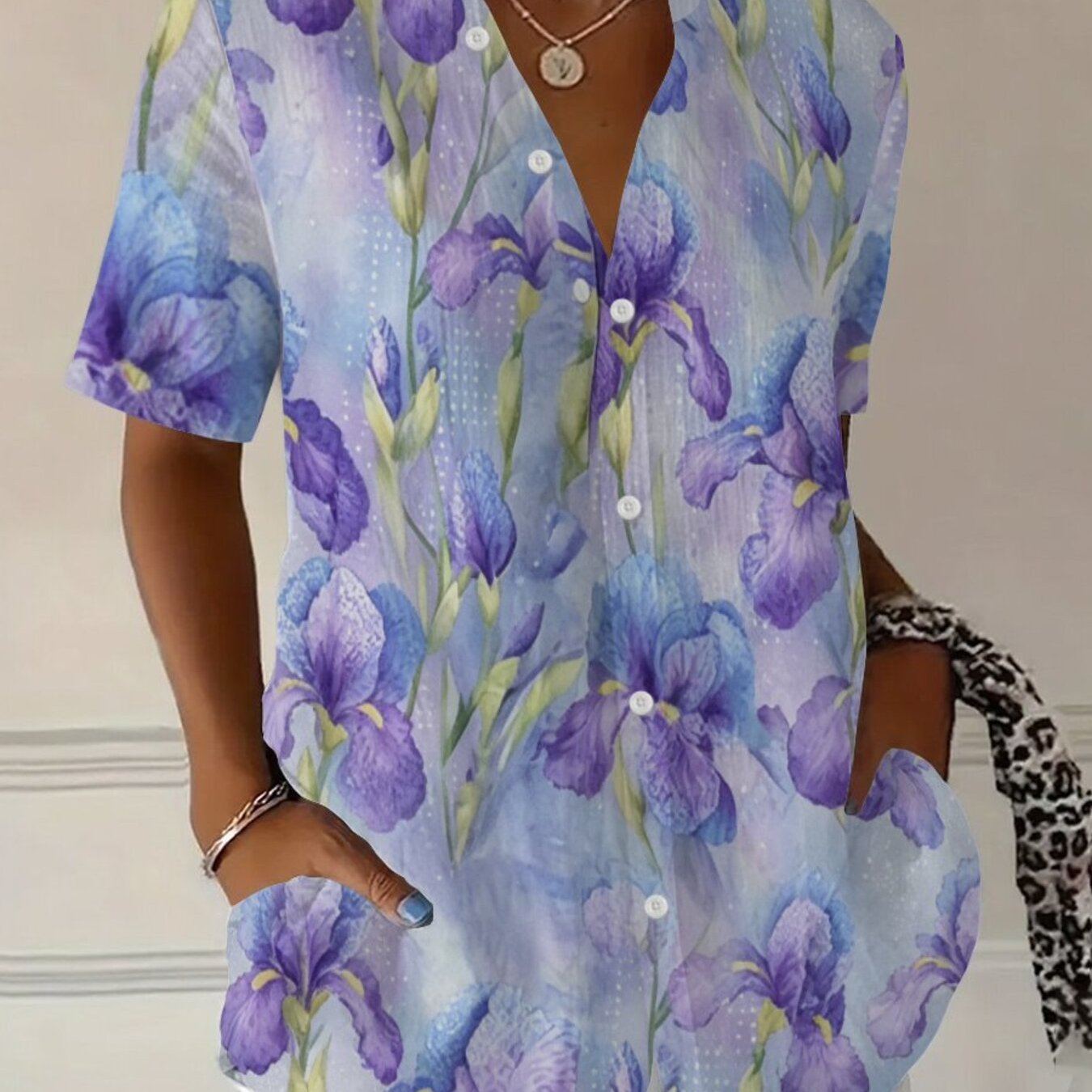 TEMU Summer Plus Size Women' Blue Watercolor Iris Flower Print Short Sleeve Shirt, Loose Fit Casual Button-up Cardigan For Daily Commuting And