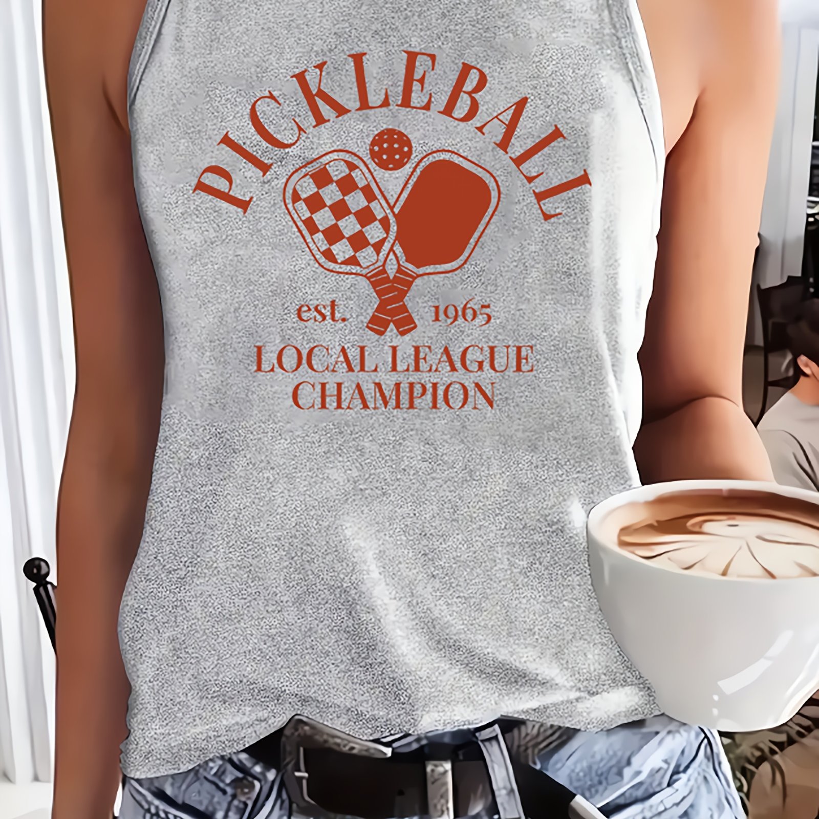 TEMU Pickleball Women's Tank Top Polyester Blend Crew Neck Sleeveless Shirt Casual Geometric Print Medium Stretch Knit Fabric All Season Top