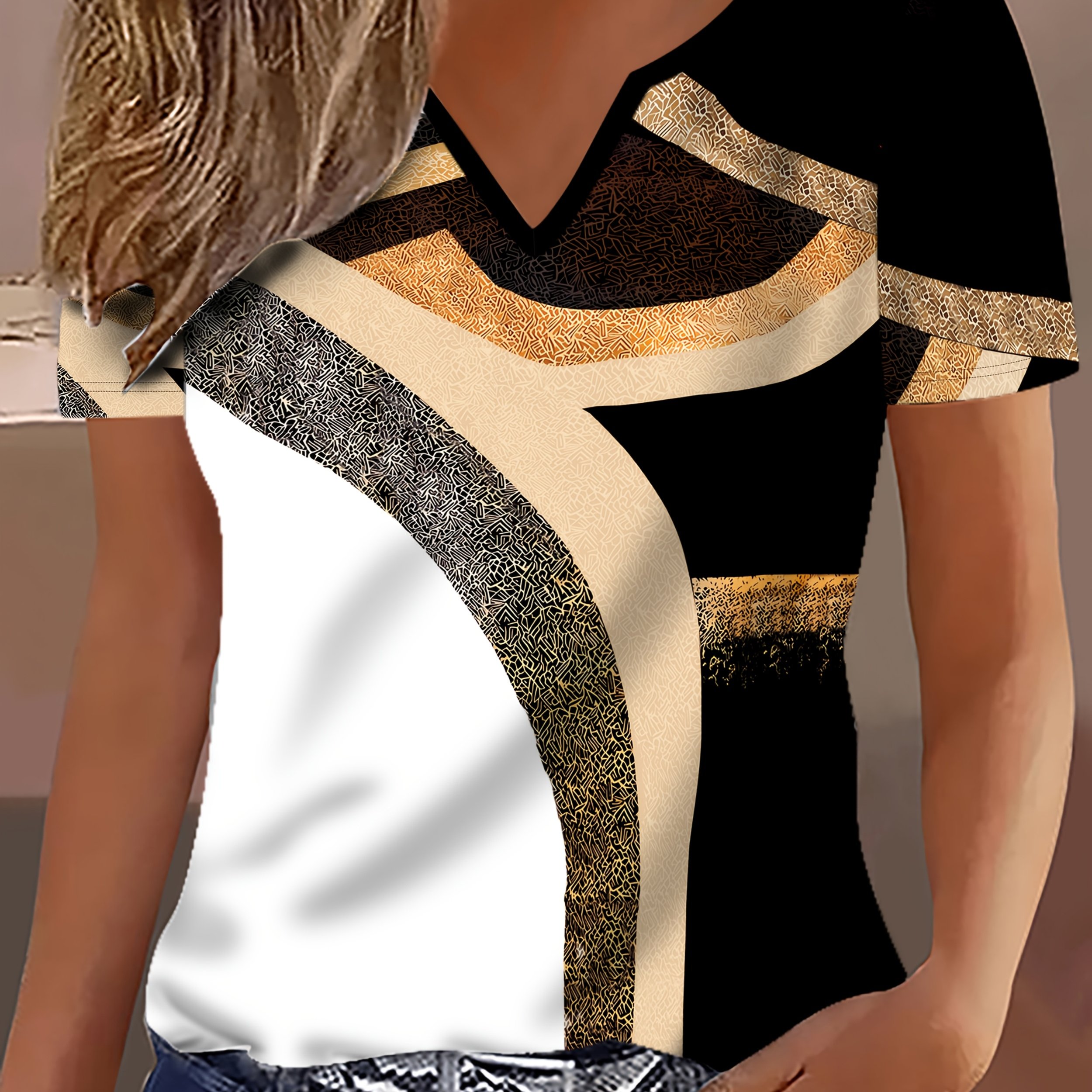E-shop Elegantes Damen-T-Shirt mit V-Ausschnitt, Kurzarm geometrischem Aufdruck, stilvolles Oberteil