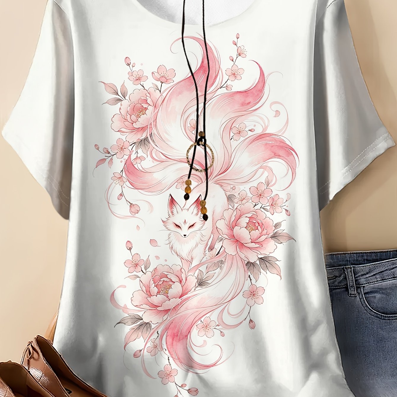 TEMU Plus Size Women's Round Neck Short Sleeve, Cherry Nine-tailed Fox Print Chinese Style Gentle Top (excludes Hanging Ornament)
