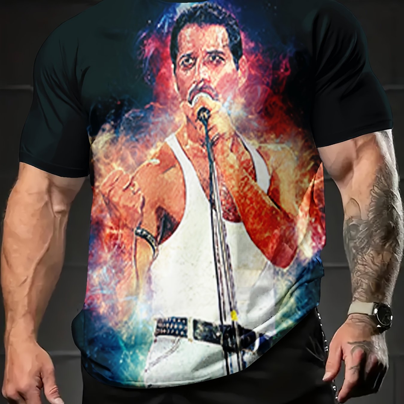TEMU Rock Print Short Sleeve T-shirt | Casual Crew Neck, Stretch Fabric, Regular Fit For Men