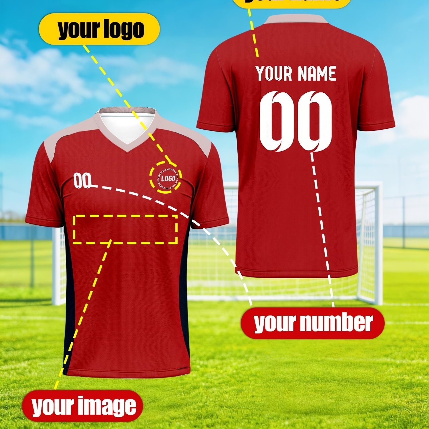 TEMU 2026 Plus Size Jersey, Men's Sports Team Club Training V-neck Soccer Top With Name And Number Printing, Personalized Quick-dry Casual Leisure