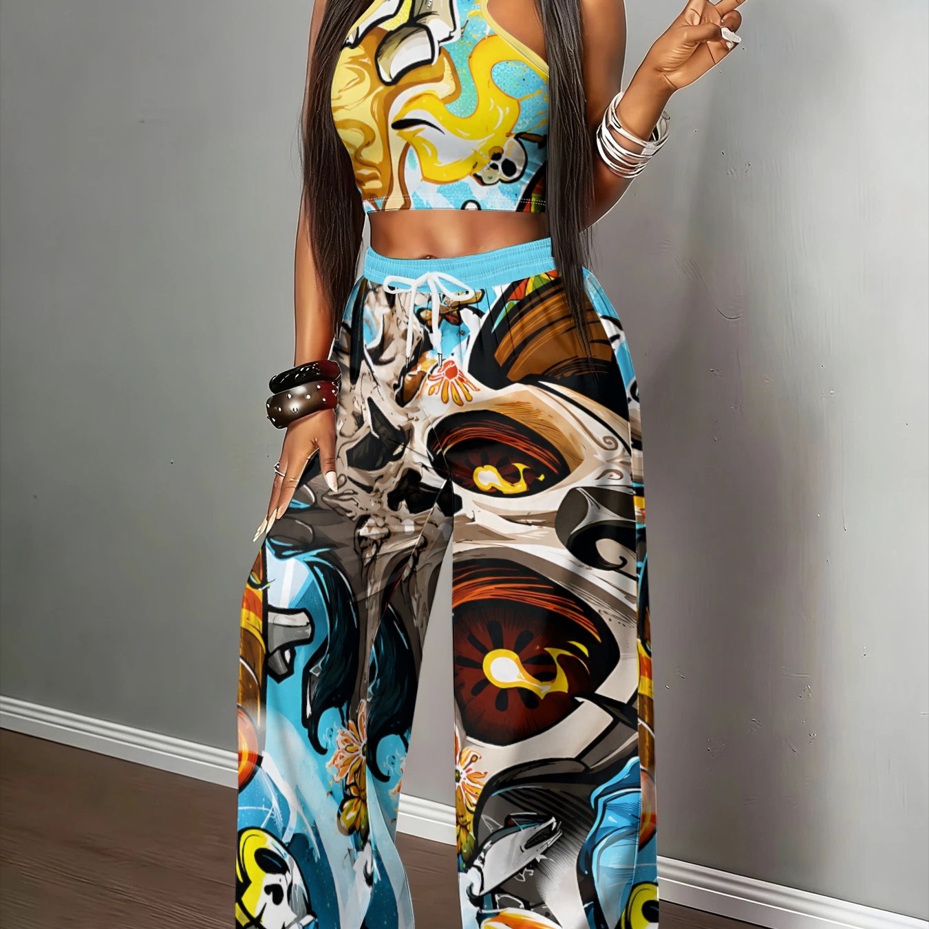 TEMU Women's 2026 Standard Size Contrast Graffiti Skull Print Halter Crop Top Drawstring Wide Leg Pants 2pcs Set, Cool Hip Hop Street Hot Casual