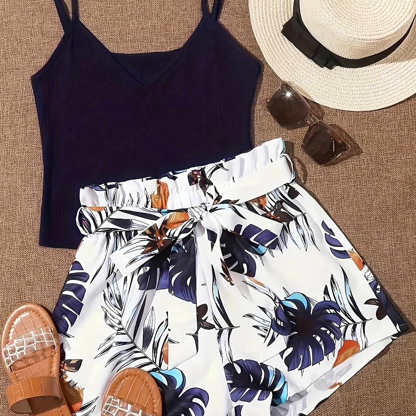 TEMU Pants Set - Unique Tropical Print 2pcs Set - V-neck Crop Top And High-waist Drawstring Shorts, Lightweight, Breathable, Comfortable Fabric,