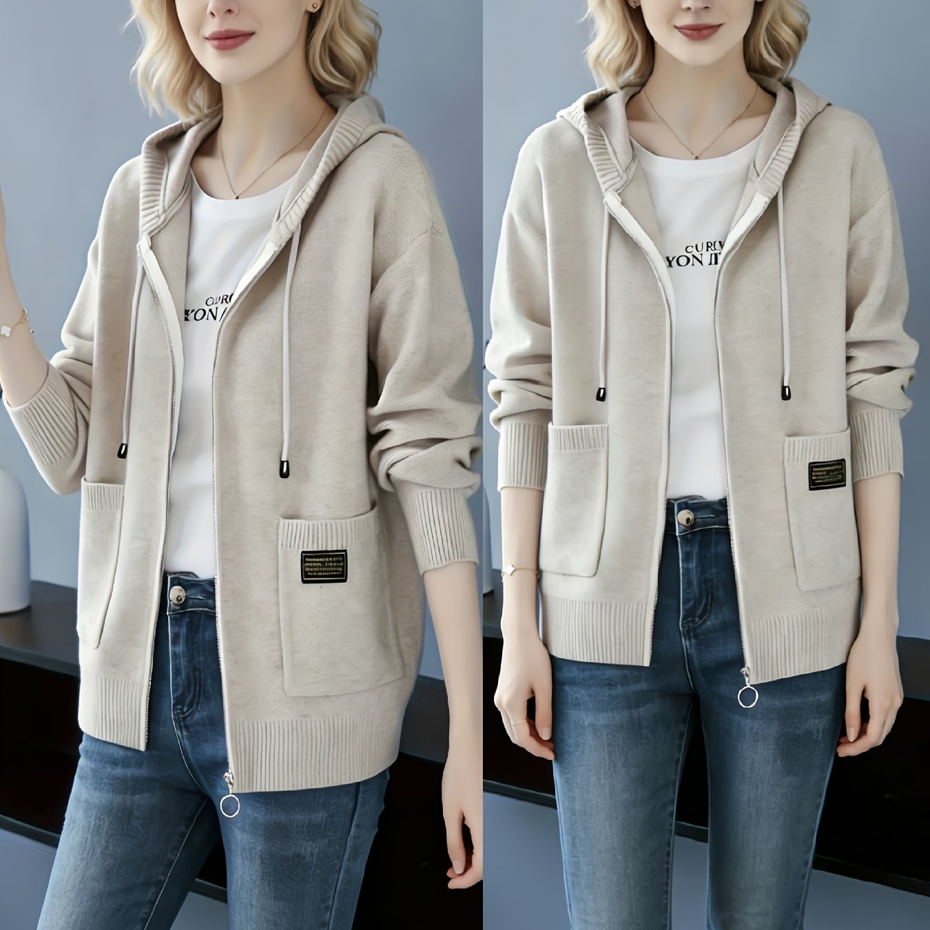 Directional - 2026 Spring Solid -up Hooded Cardigan Jacket For Women