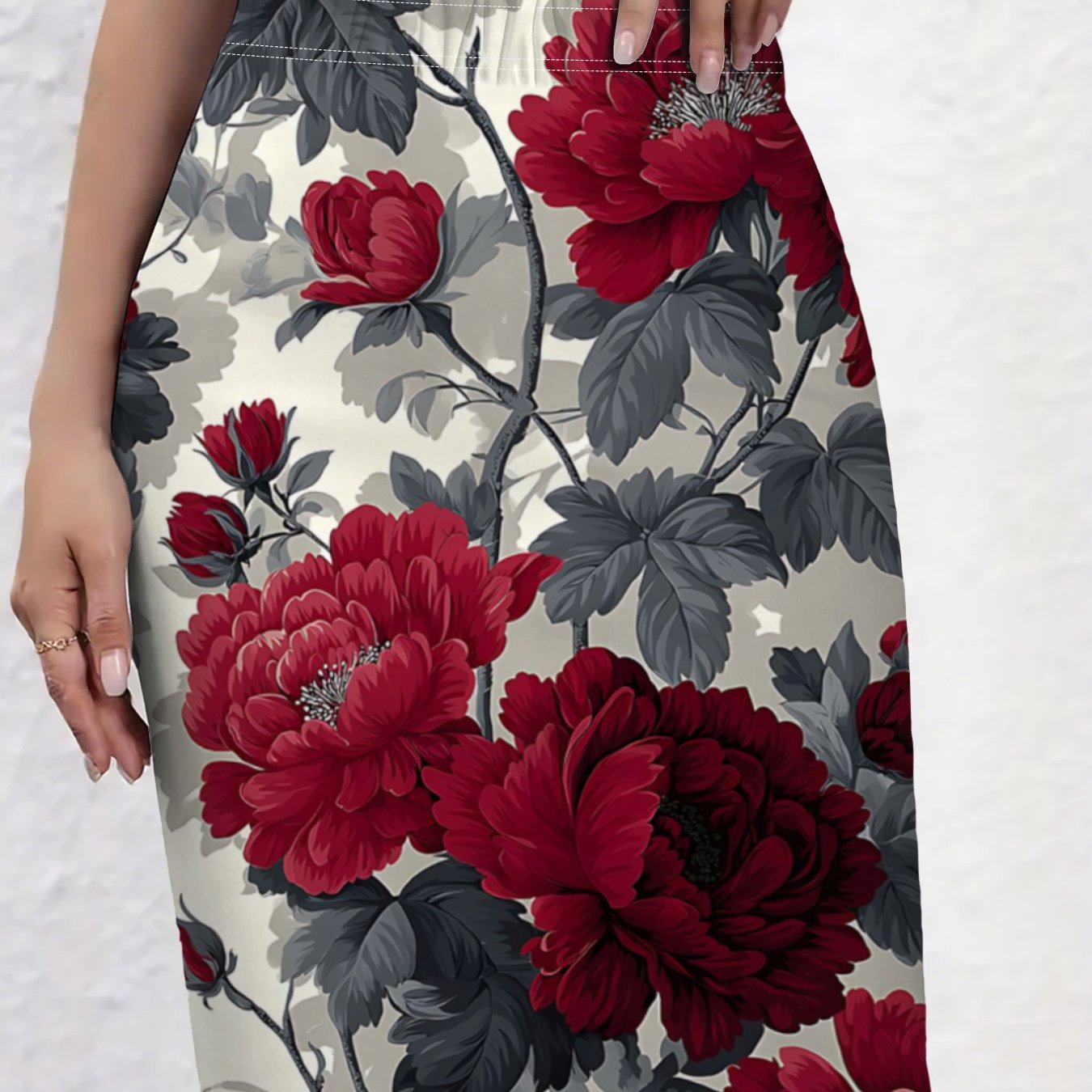 TEMU A Vintage Ink Wash Peony Print Midi Skirt Featuring Large Red Peonies And Deep Gray Leaves, Exuding An Eastern Ink Charm, Professional Commutes
